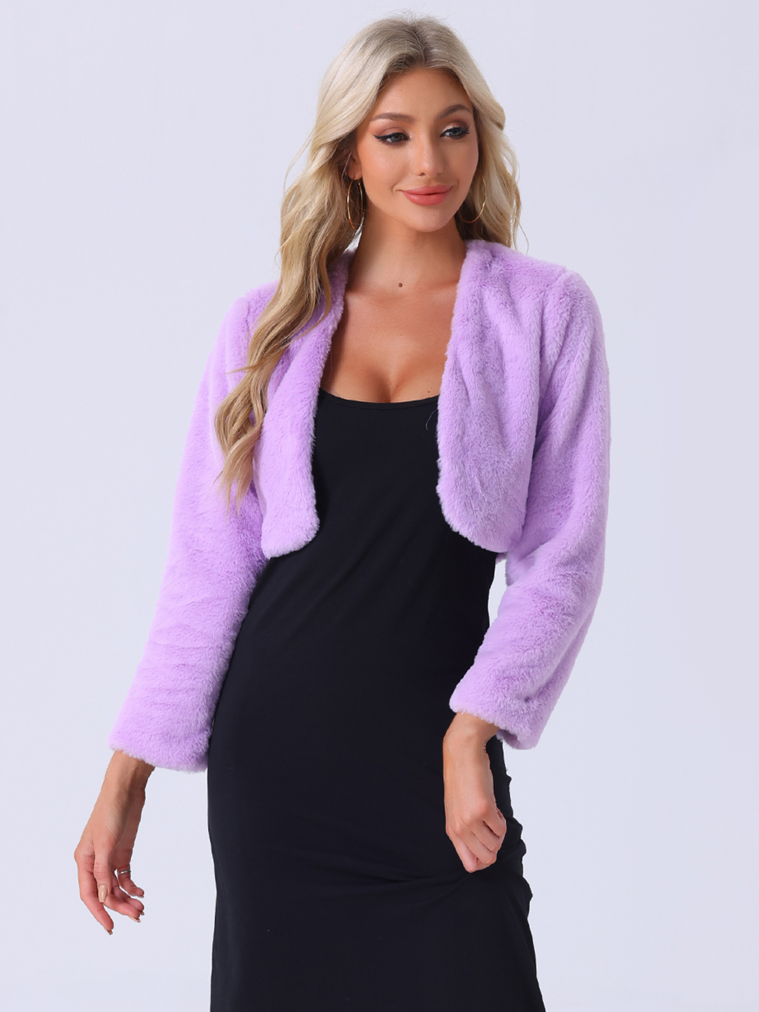 Evening Open Front Bolero Faux Fur Shrug Cropped Jacket Lavender Purple/XS