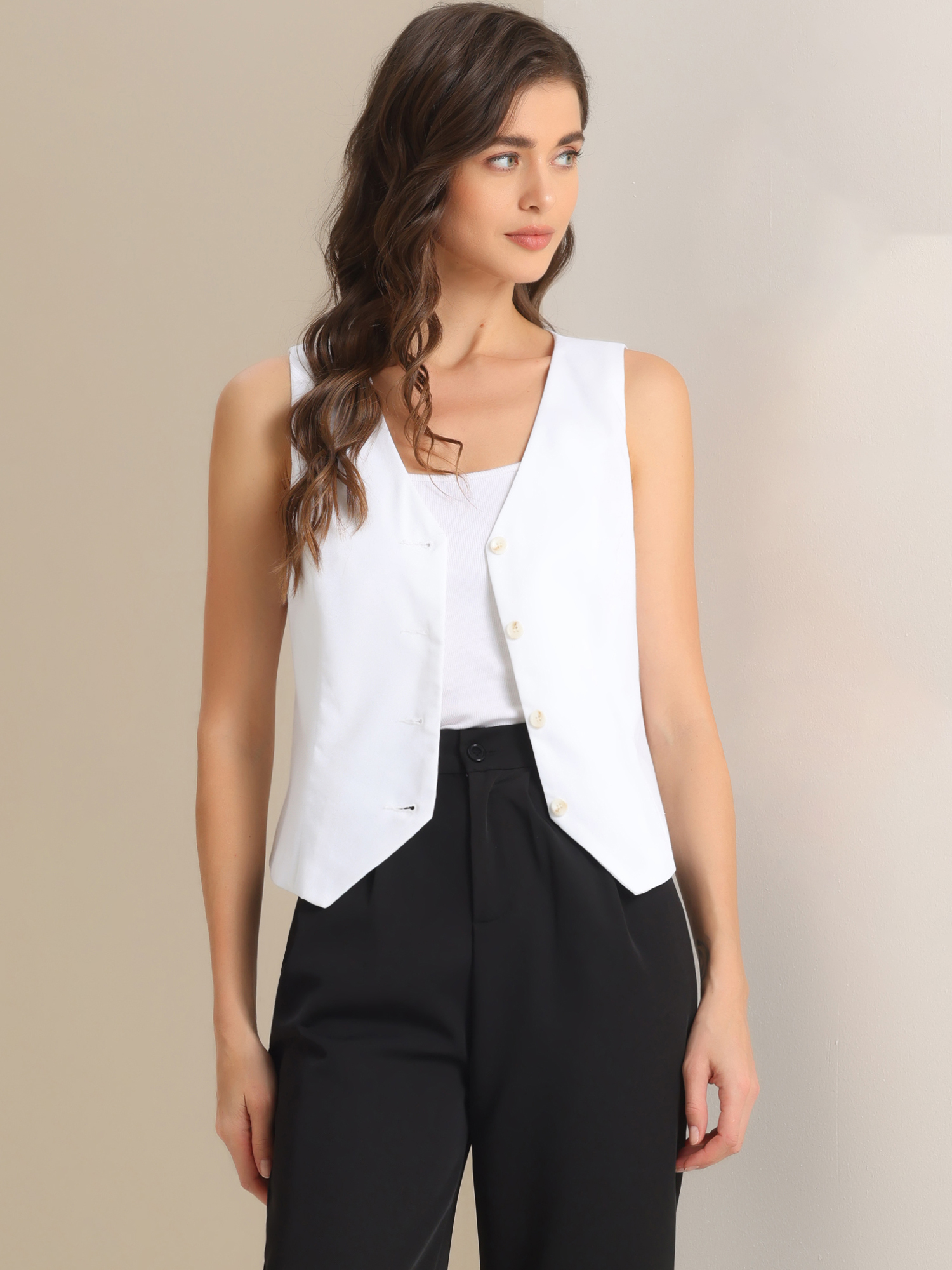 Sleeveless Solid Button Down V Neck Waistcoat Vest Cream White/M