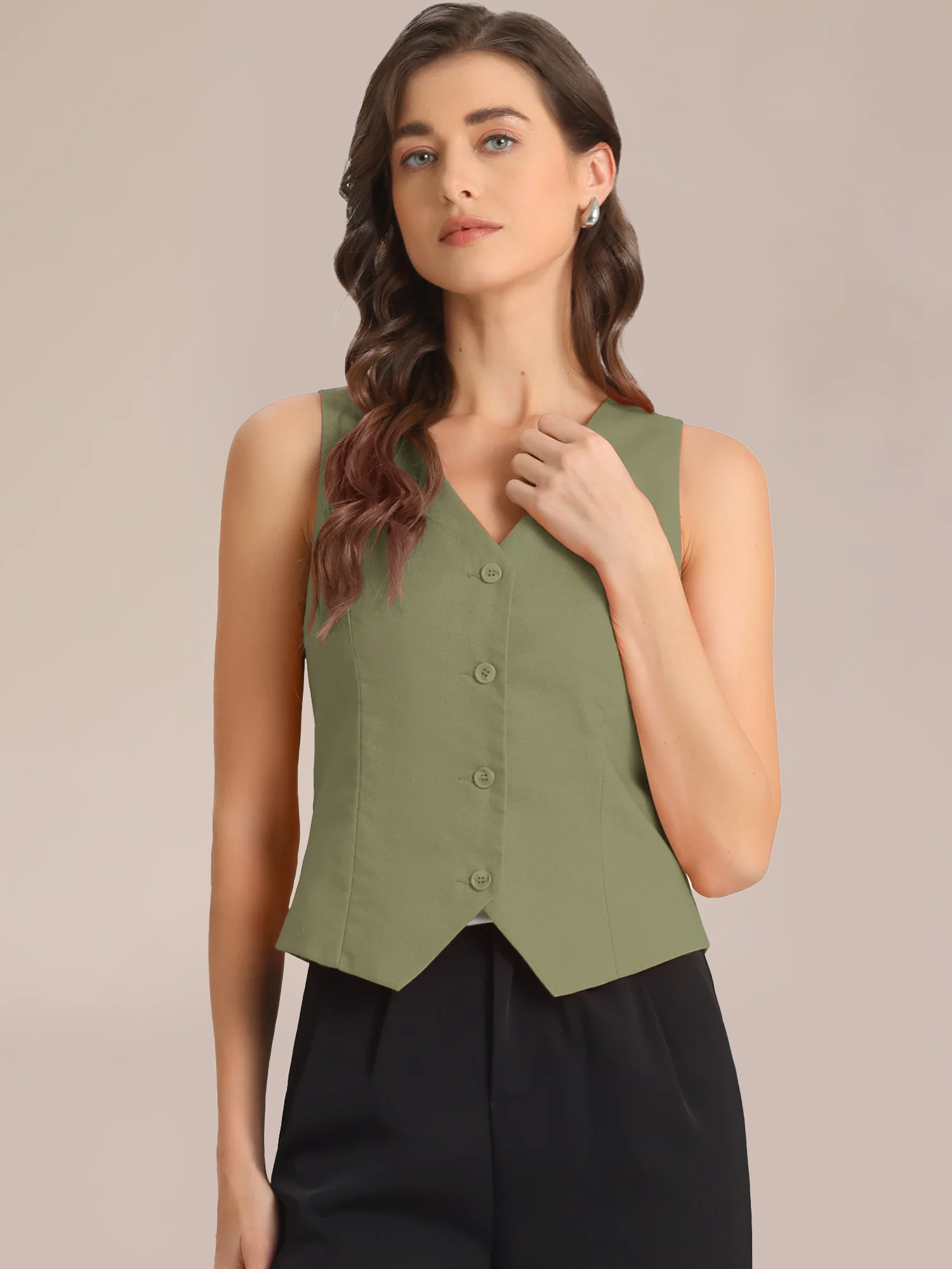 Sleeveless Solid Button Down V Neck Waistcoat Vest Green/XL