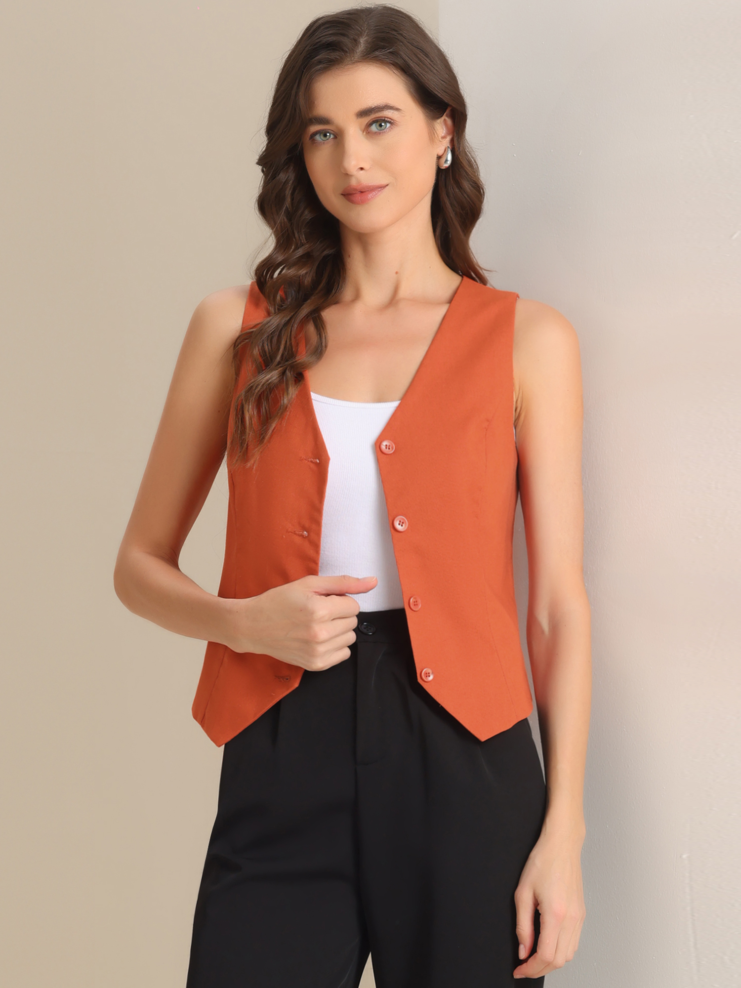 Sleeveless Solid Button Down V Neck Waistcoat Vest Orange/XL