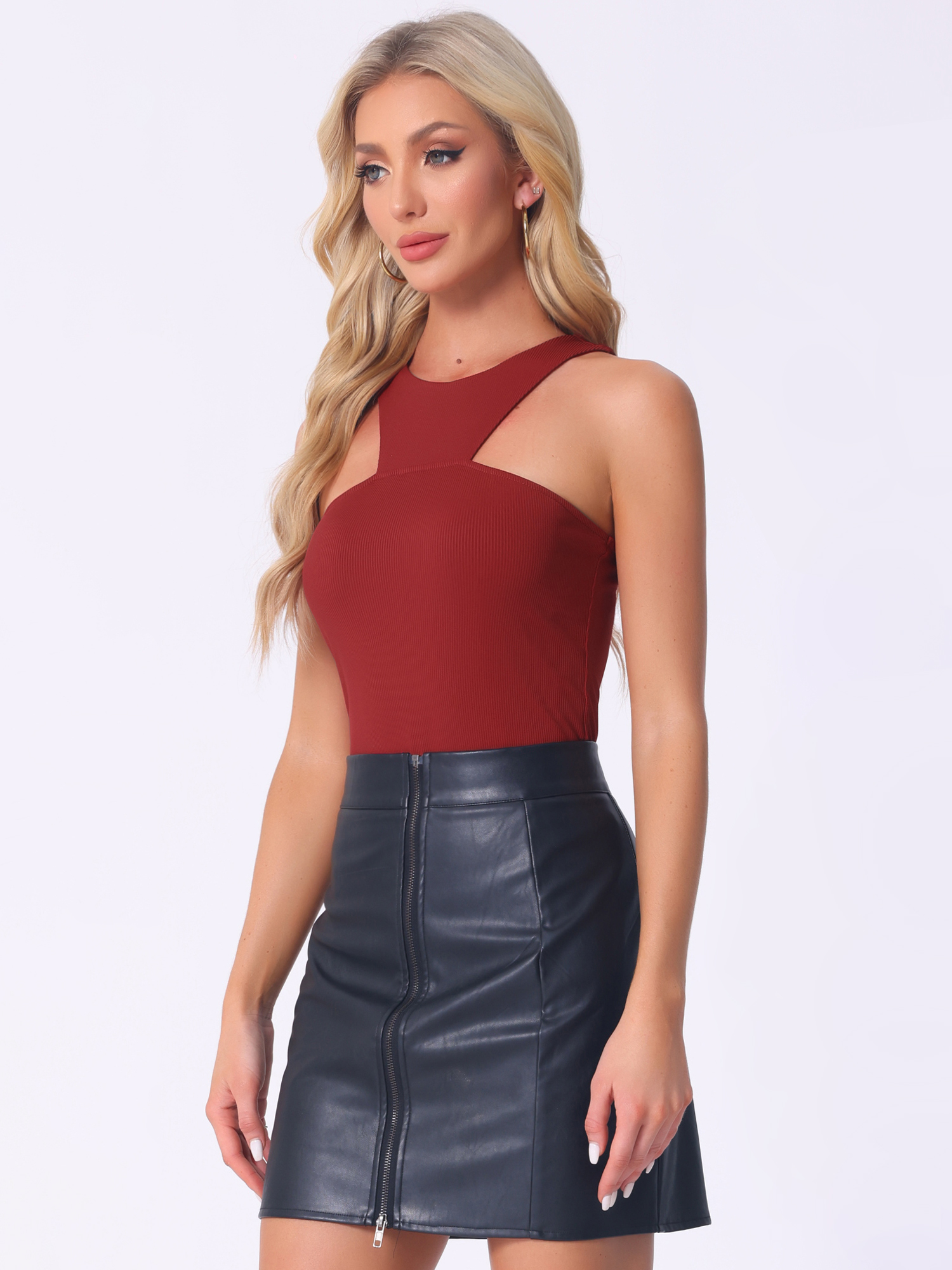 Sleeveless Sexy Bodysuit Asymmetrical Halter Neck Tank Top Burgundy/M