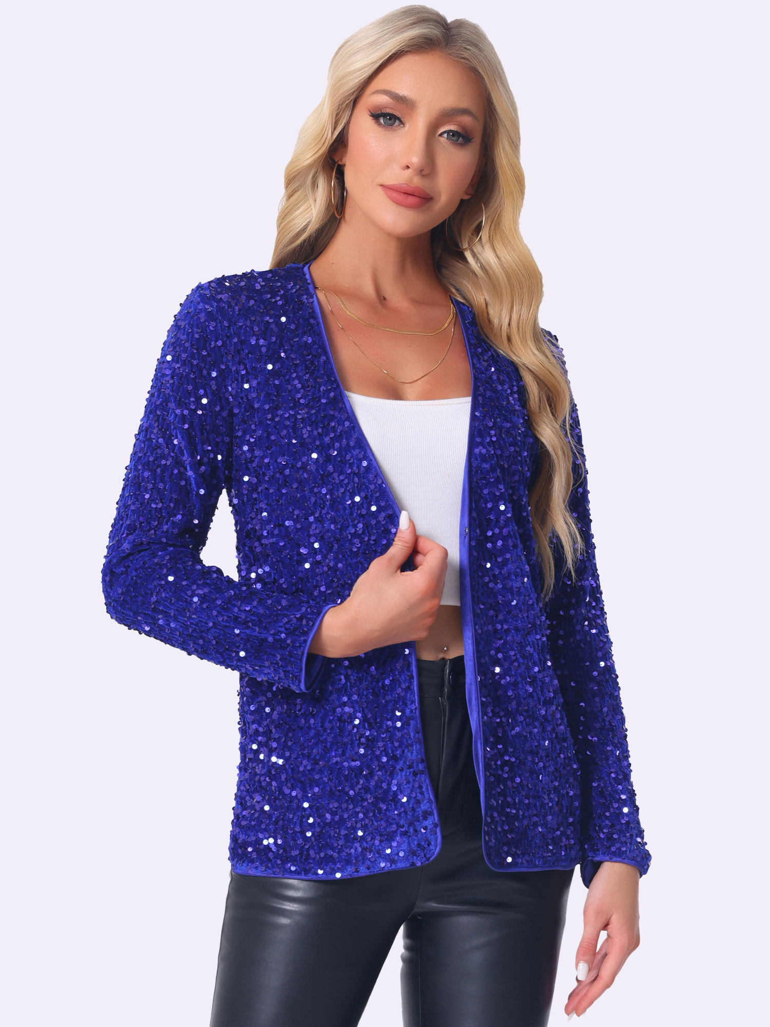 Long Sleeve Glitter Party Sequin Open Front Jacket Blue/XL