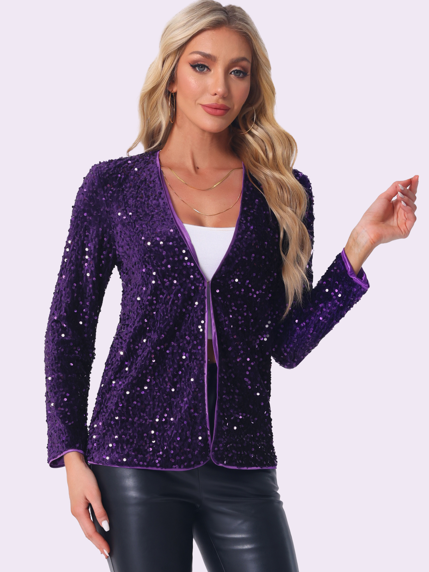 Long Sleeve Glitter Party Sequin Open Front Jacket Purple/L