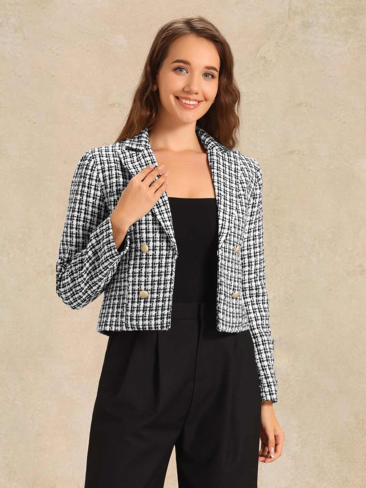 Notched Lapel Buttons Long Sleeve Textured Cropped Jacket White Black/XS