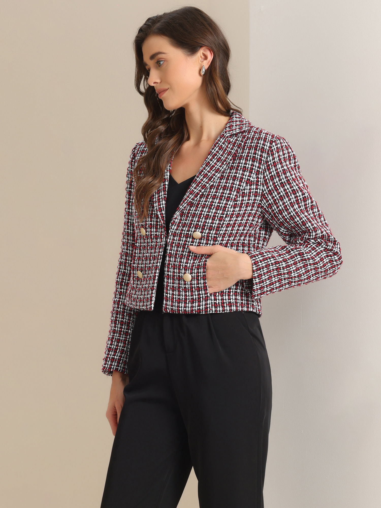 Notched Lapel Buttons Long Sleeve Textured Cropped Jacket Red Black/L