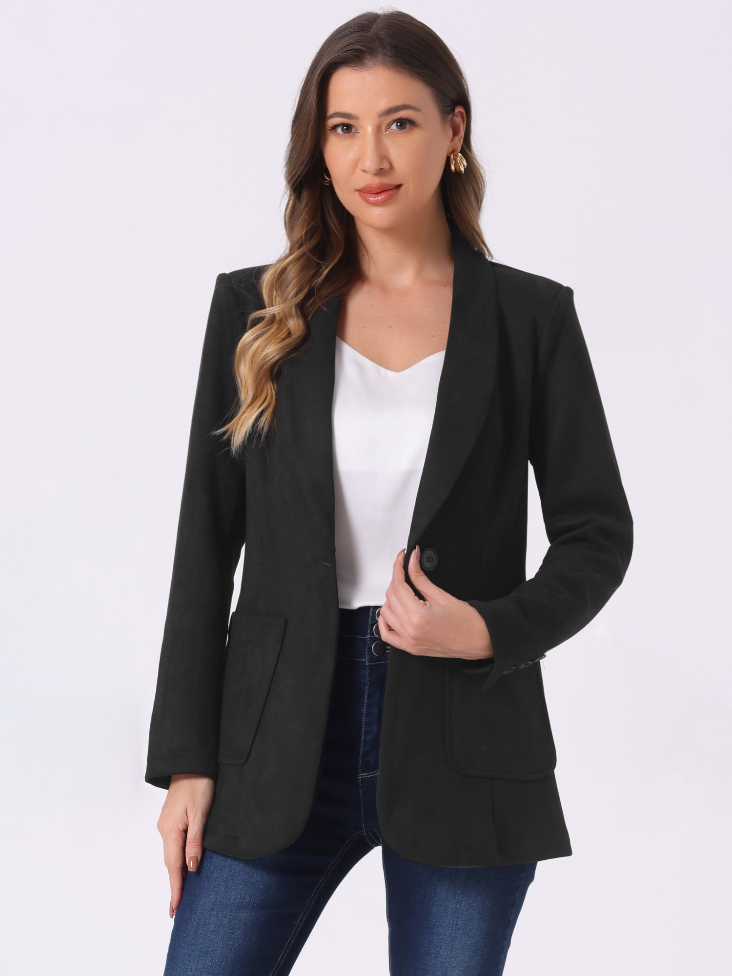 Faux Suede Shawl Collar One Button Dressy Blazer Jacket Black/L