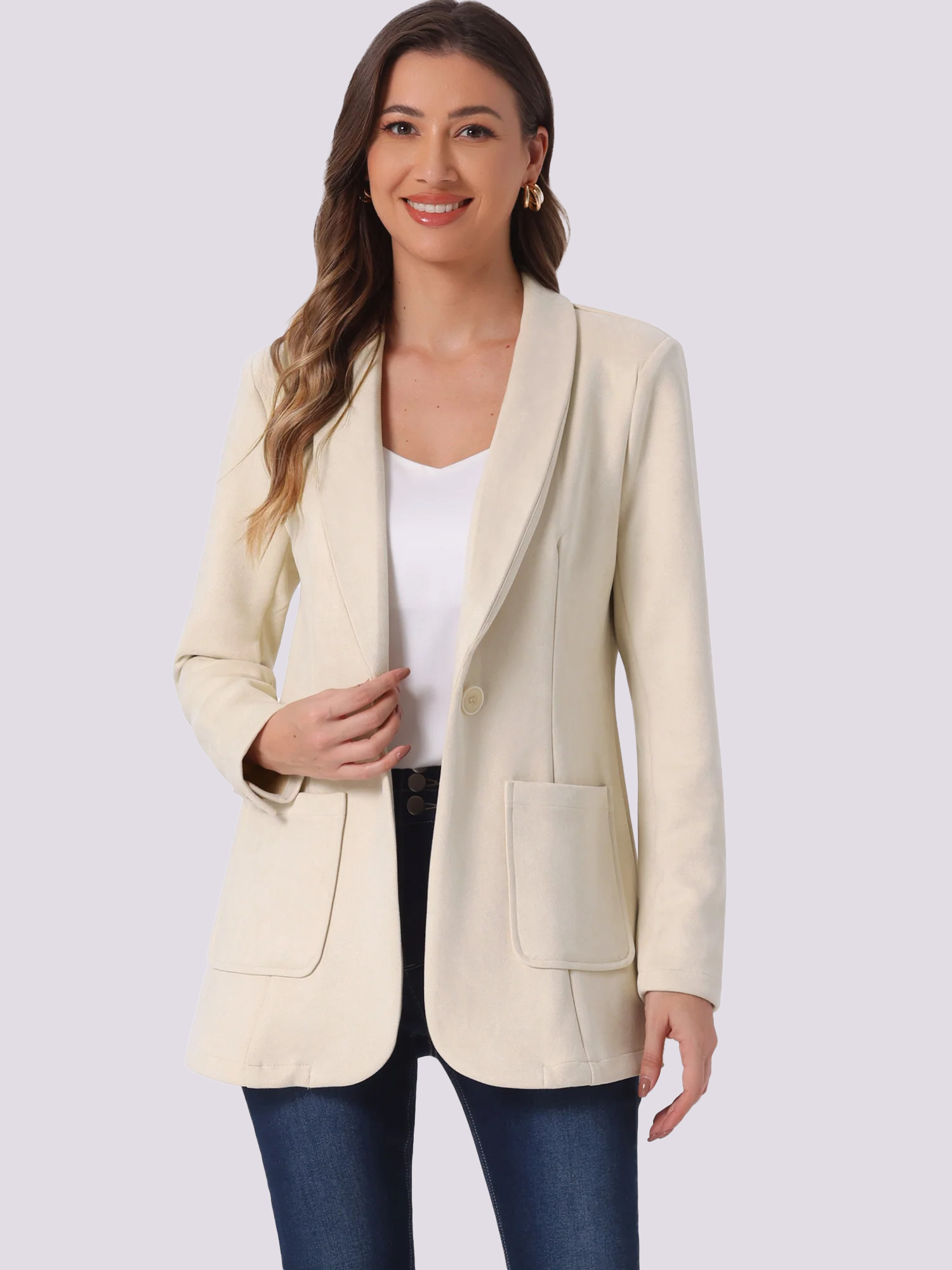 Faux Suede Shawl Collar One Button Dressy Blazer Jacket Beige/M