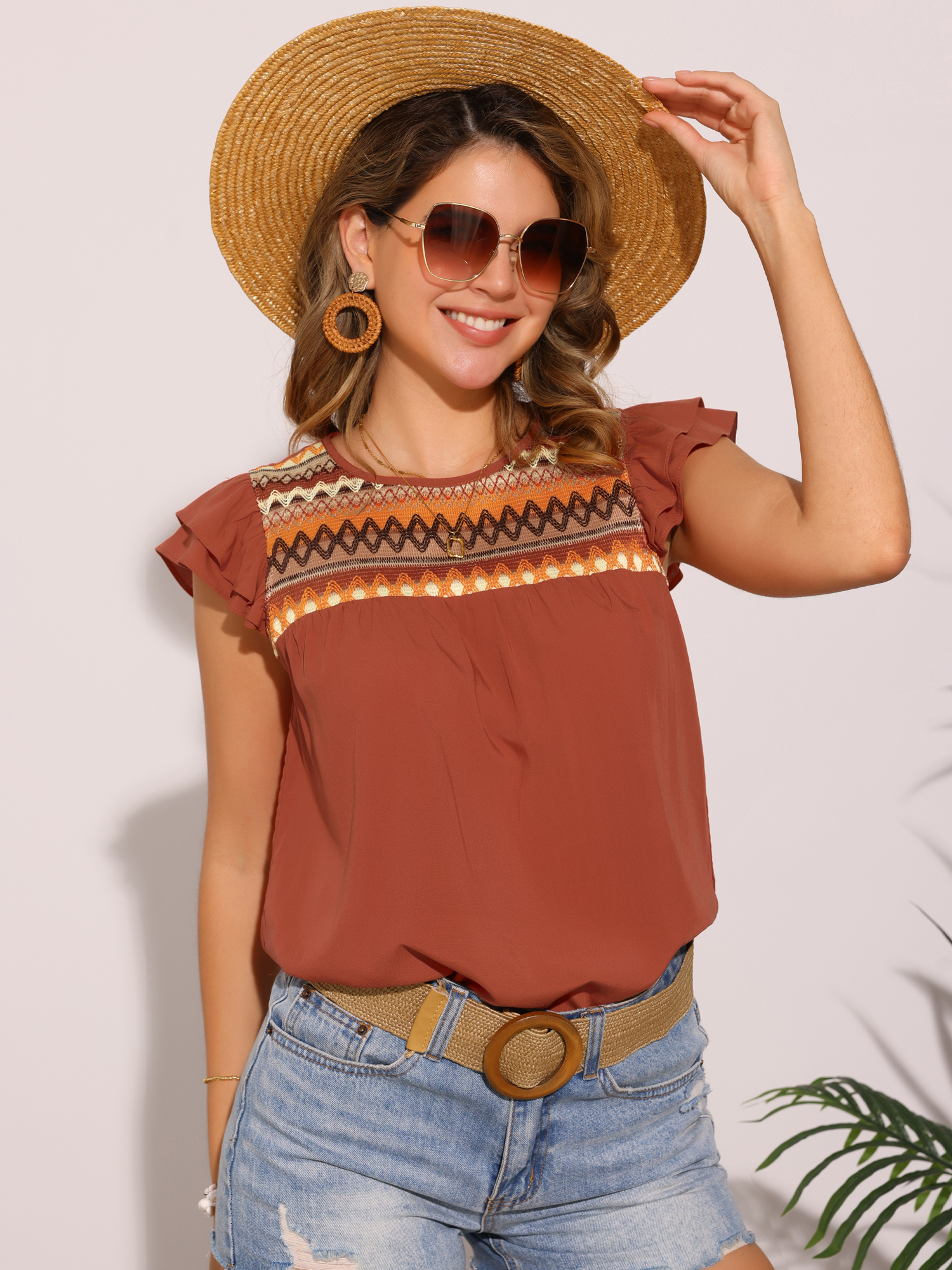 Round Neck Ruffled Cap Sleeve Boho Geometric Blouse Orange/XS