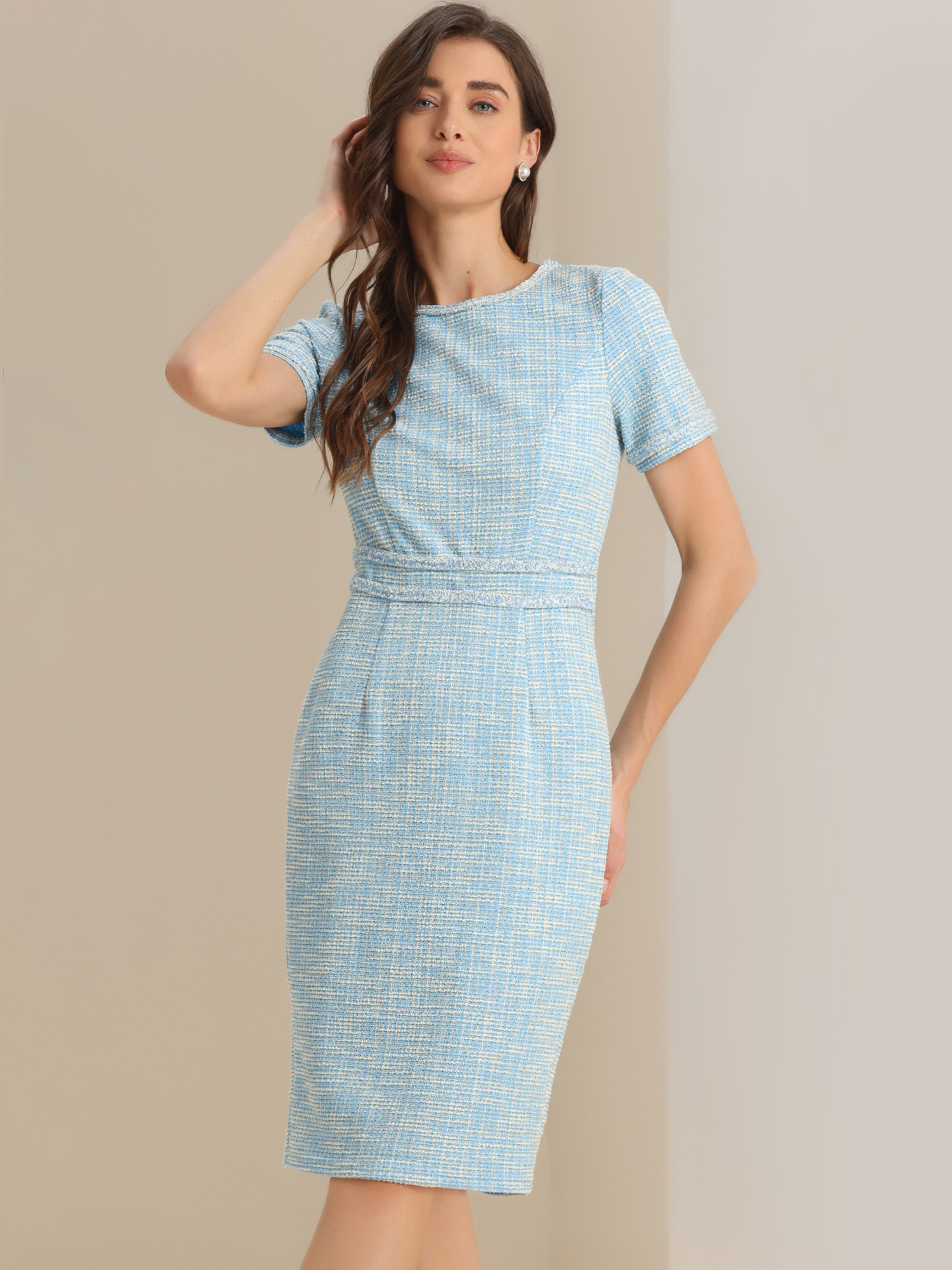Tweed Crew Neck Wear to Work Office Bodycon Pencil Midi Dress Blue/S