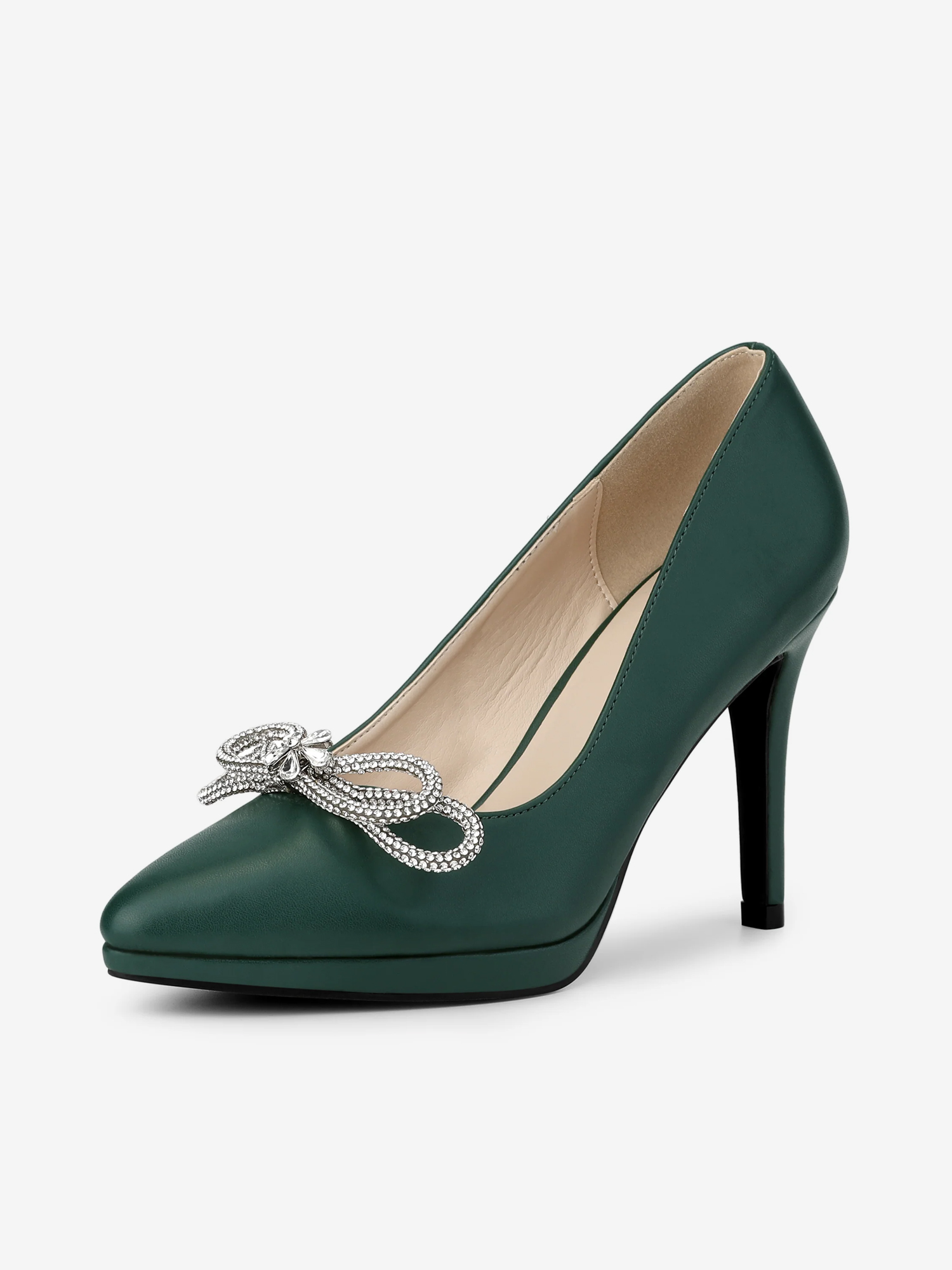 Women's Rhinestone Bow Pointed Toe Stiletto Heel Pumps Dark Green/6.5
