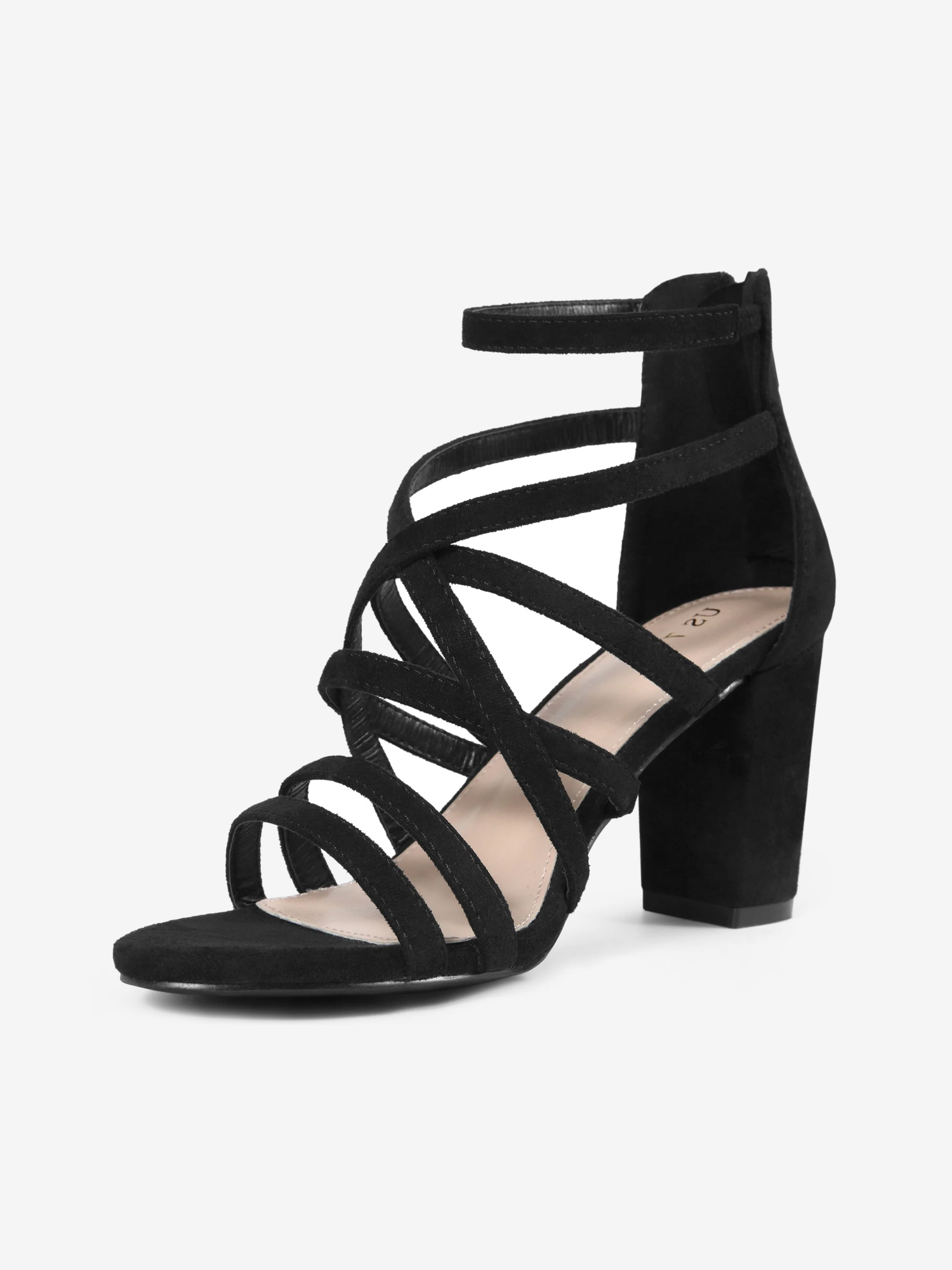 Women's Open Toe Strappy Strap Back Zip Chunky Heel Sandals Black/6