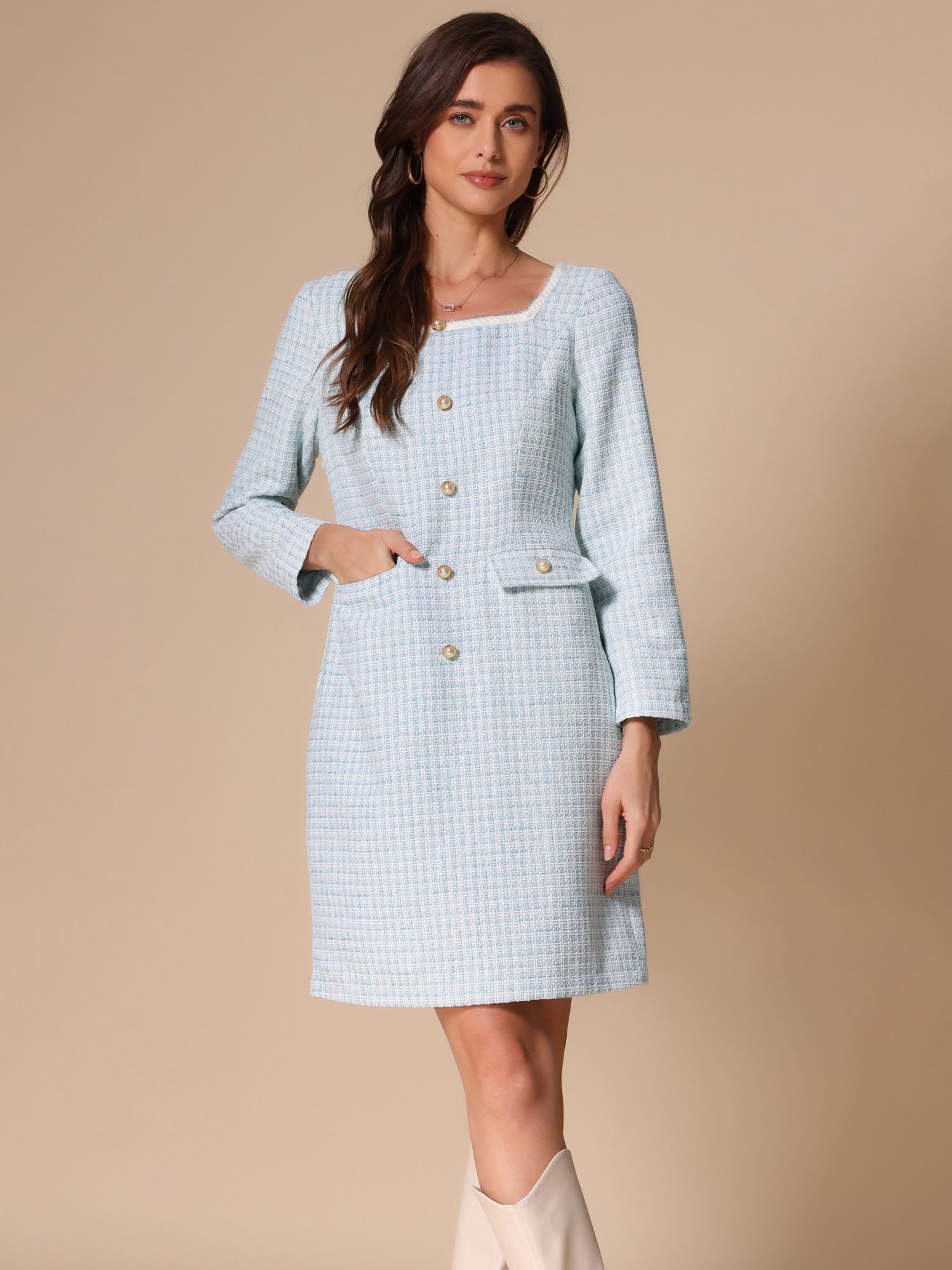 Tweed Square Neck Long Sleeve Pockets Plaid Mini Dress White Blue/L