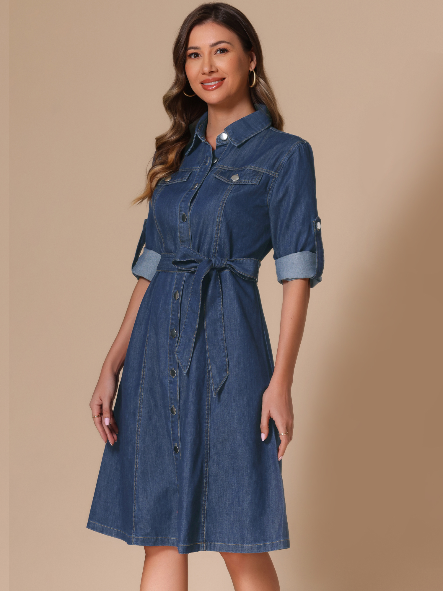 Denim Button Down Long Sleeve Belted Classic Jean Shirt Dress Dark Blue/L