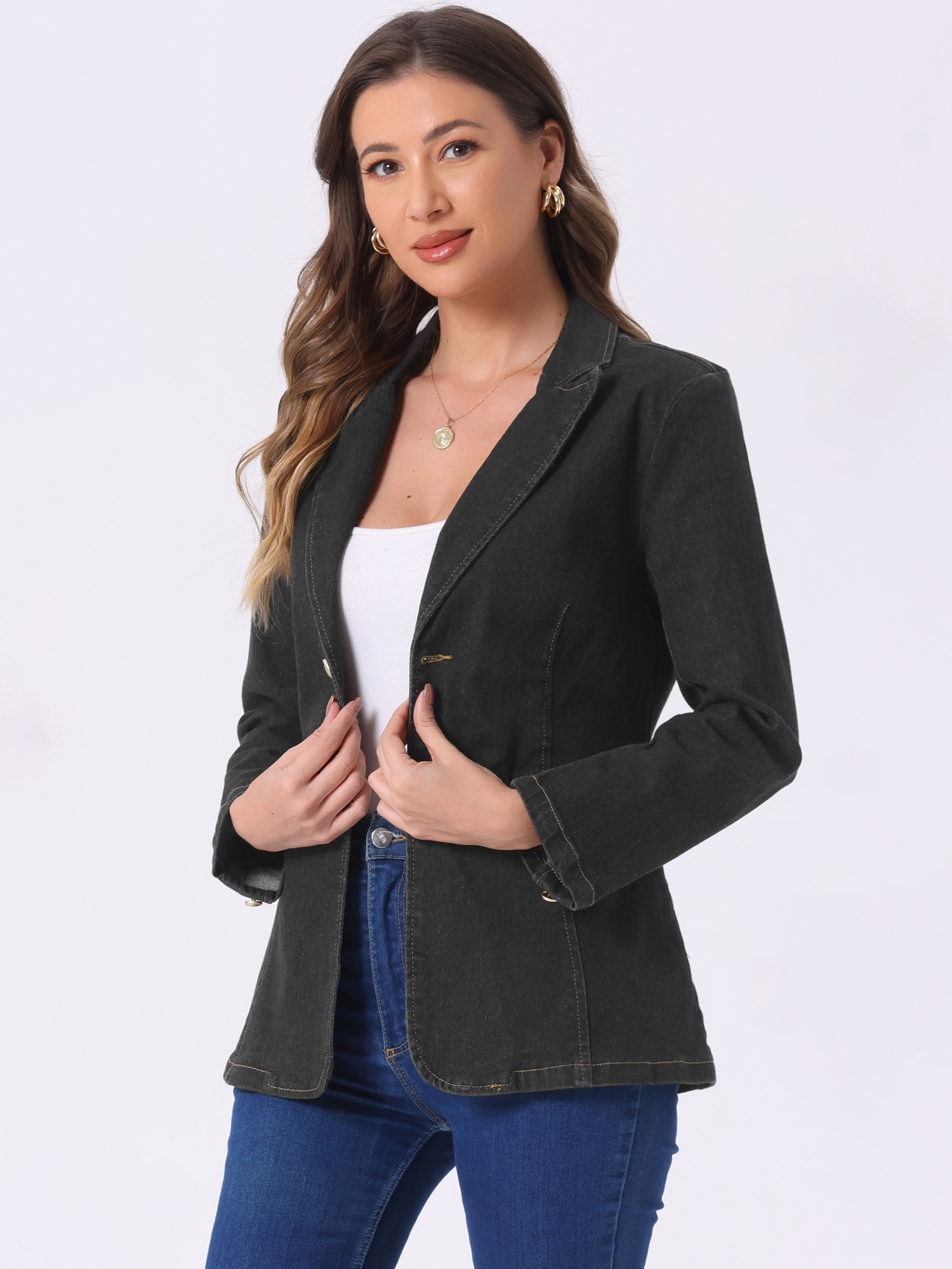 Notched Lapel Denim Single Breasted Shoulder Pad Blazer Jackets Black/L