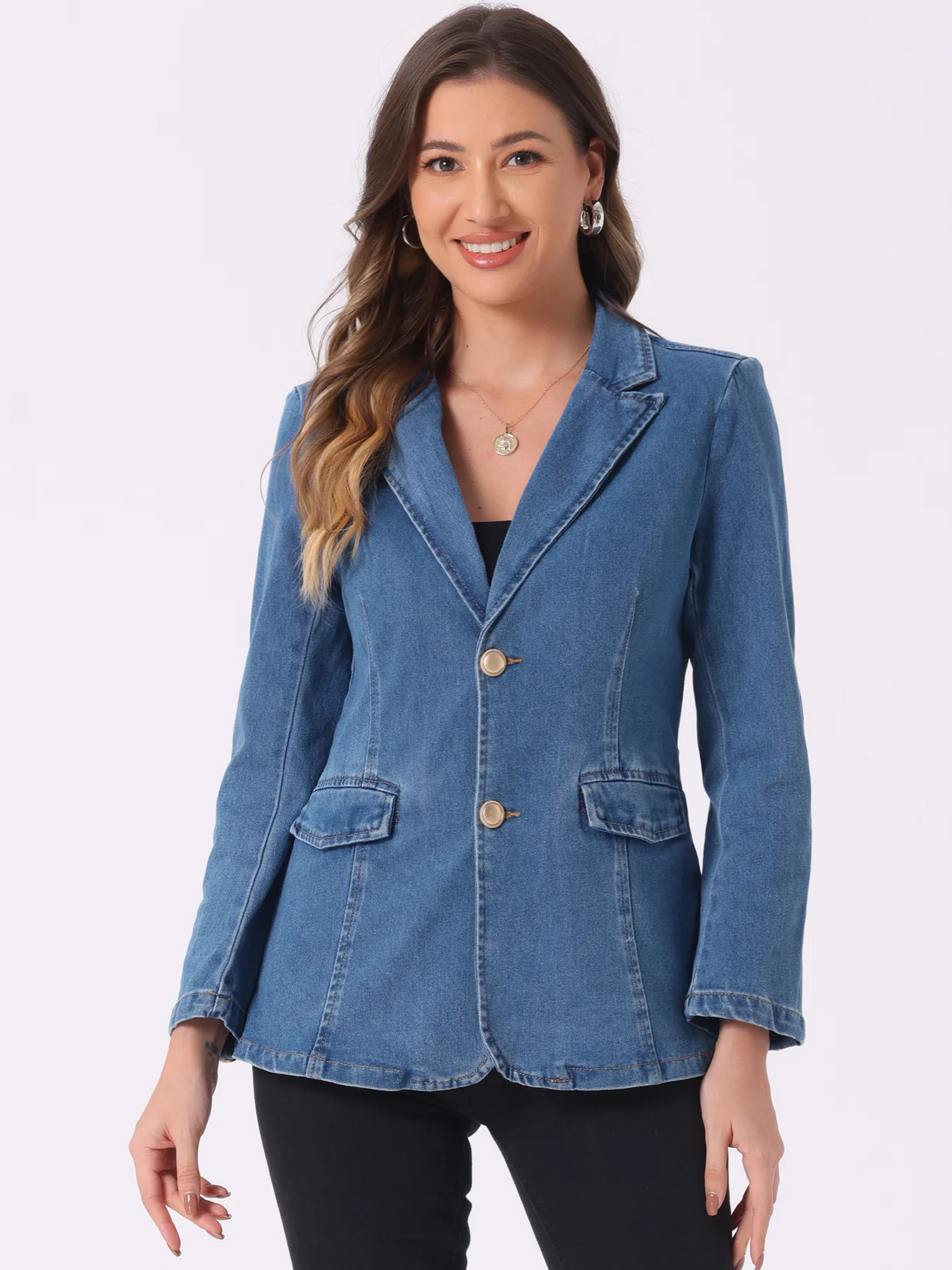 Notched Lapel Denim Single Breasted Shoulder Pad Blazer Jackets Light Blue/L
