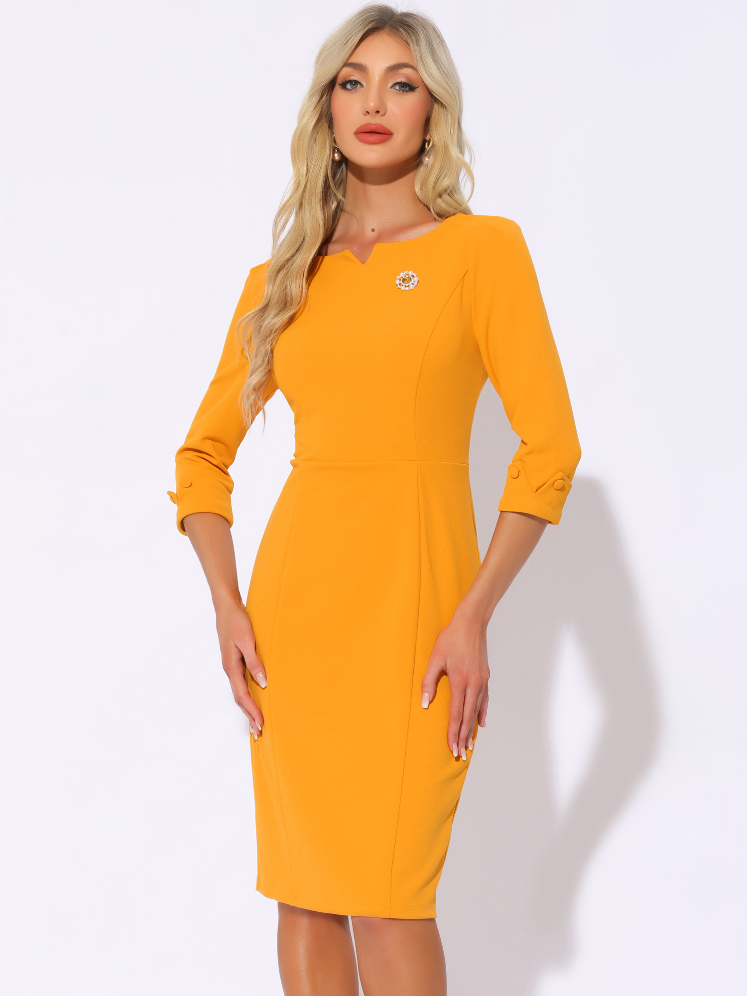 3/4 Sleeve Notch Neck Slim Fit Work Pencil Midi Dress Bright Yellow/L