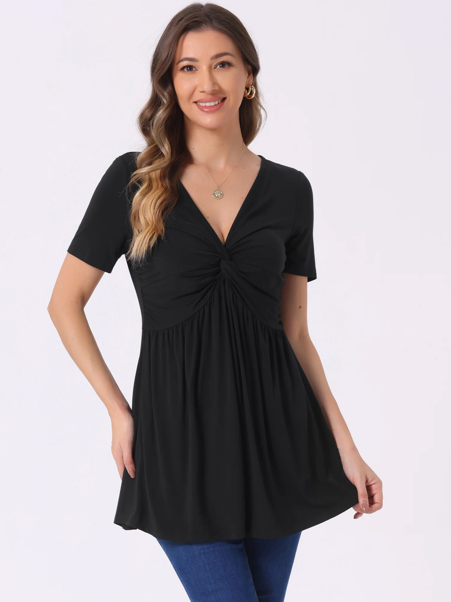 Ruched Front Knot V Neck Short Sleeve Tunic Blouse Black/XL