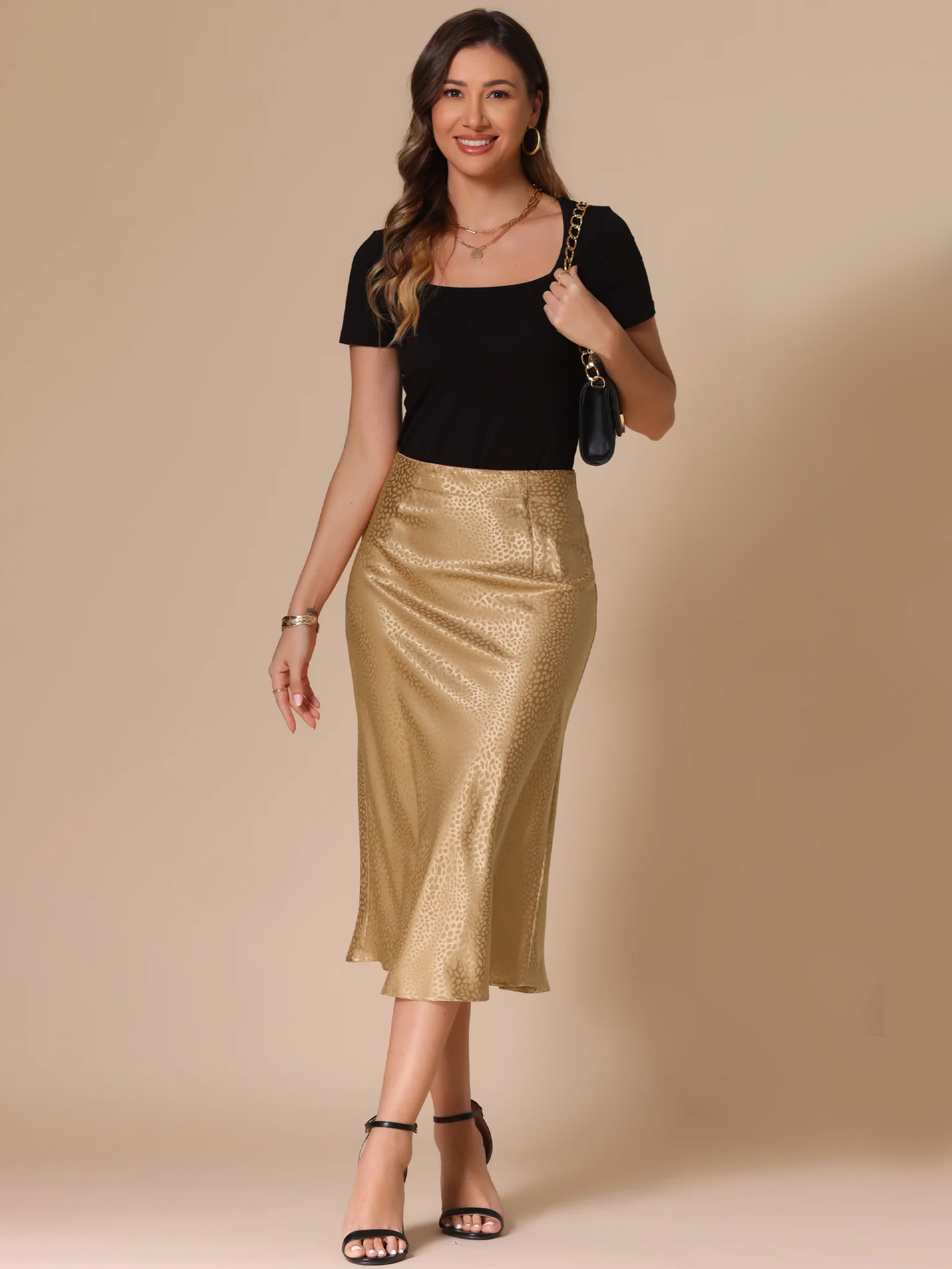 Satin Leopard High Waist Elastic Midi Skirt Light Brown Leopard/L