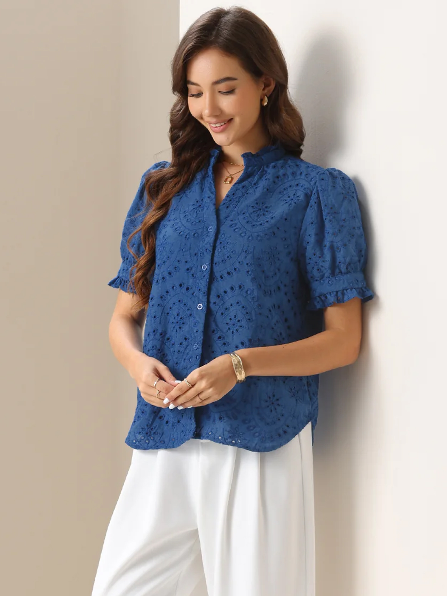 Puff Short Sleeve Notch Neck Buttons Eyelet Blouse Blue/S
