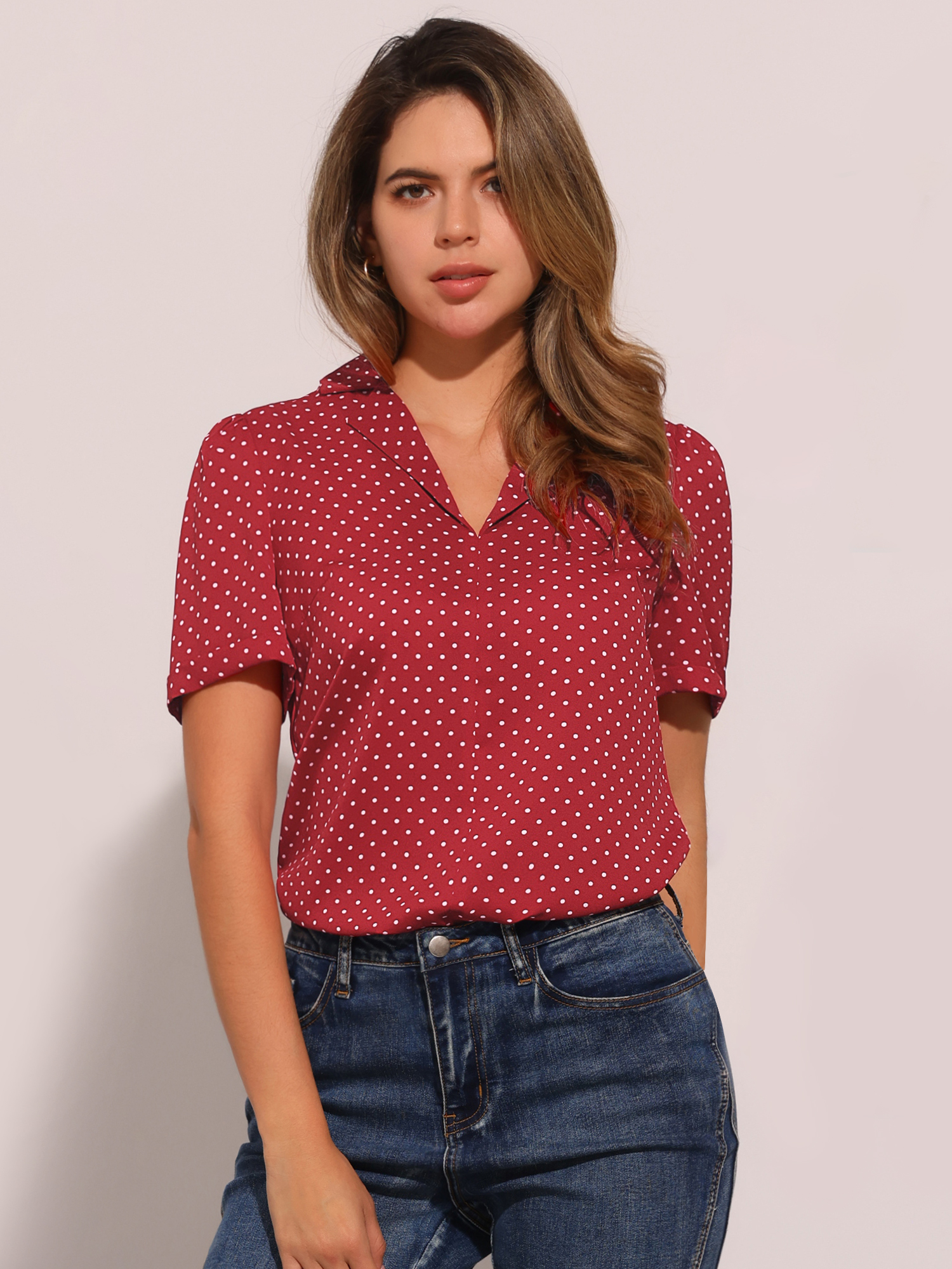Short Sleeve Casual Cherry Print Notched Lapel Collar Shirt Blouse Red/XL