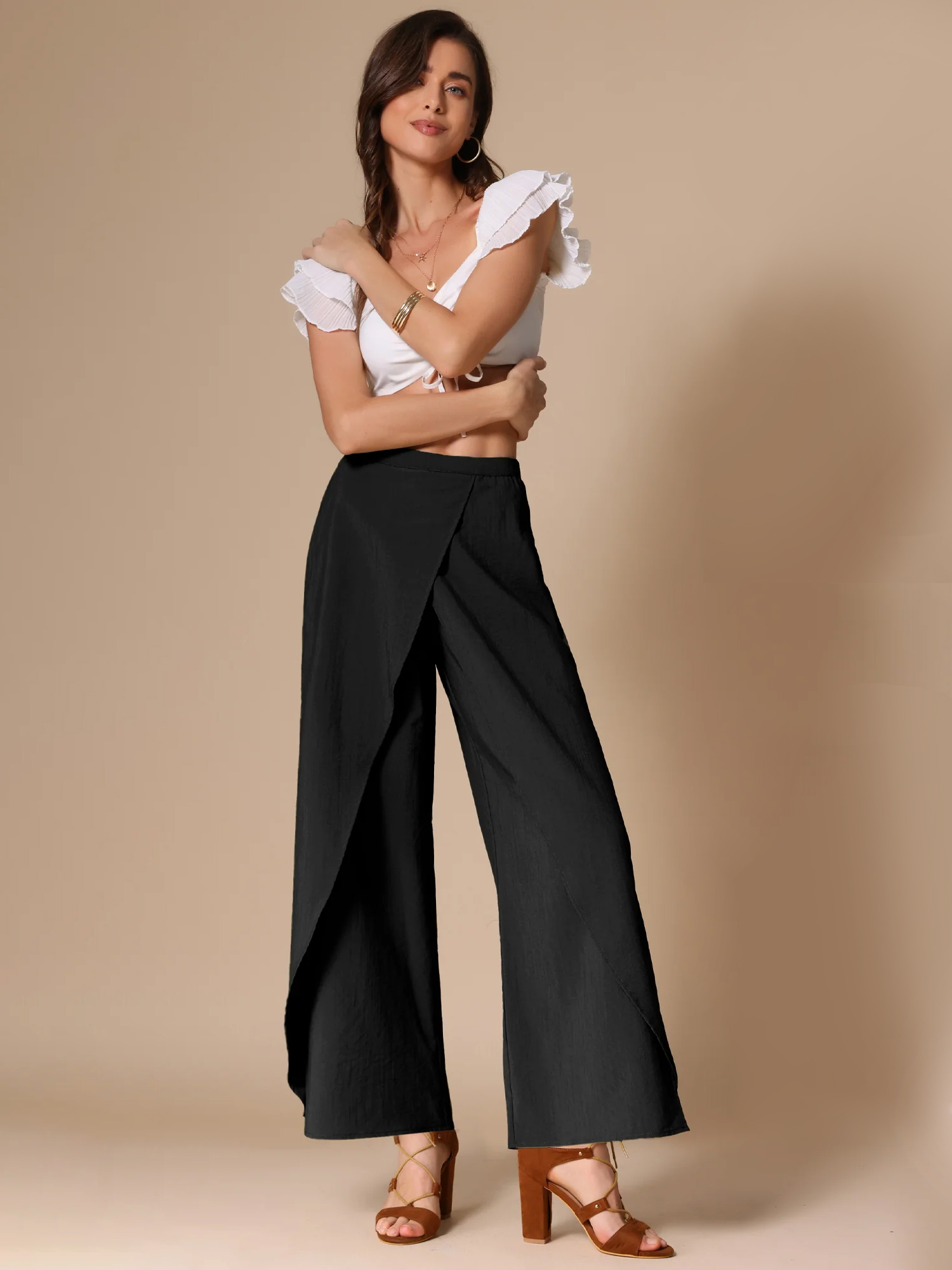Casual Elastic High Waist Split Side Wide Legs Pants Black/S