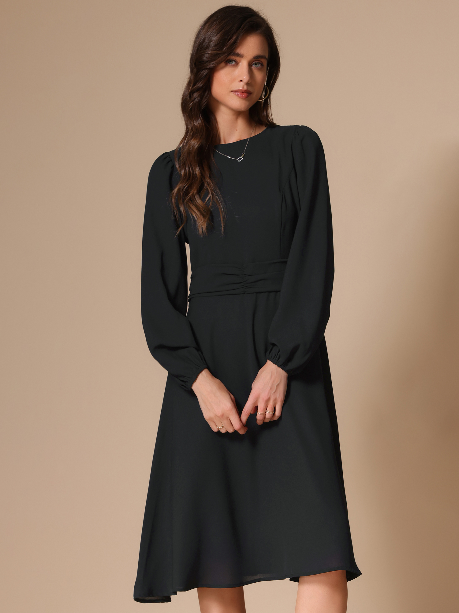 Lantern Long Sleeves Solid Color Midi Cocktail Dress Black/L