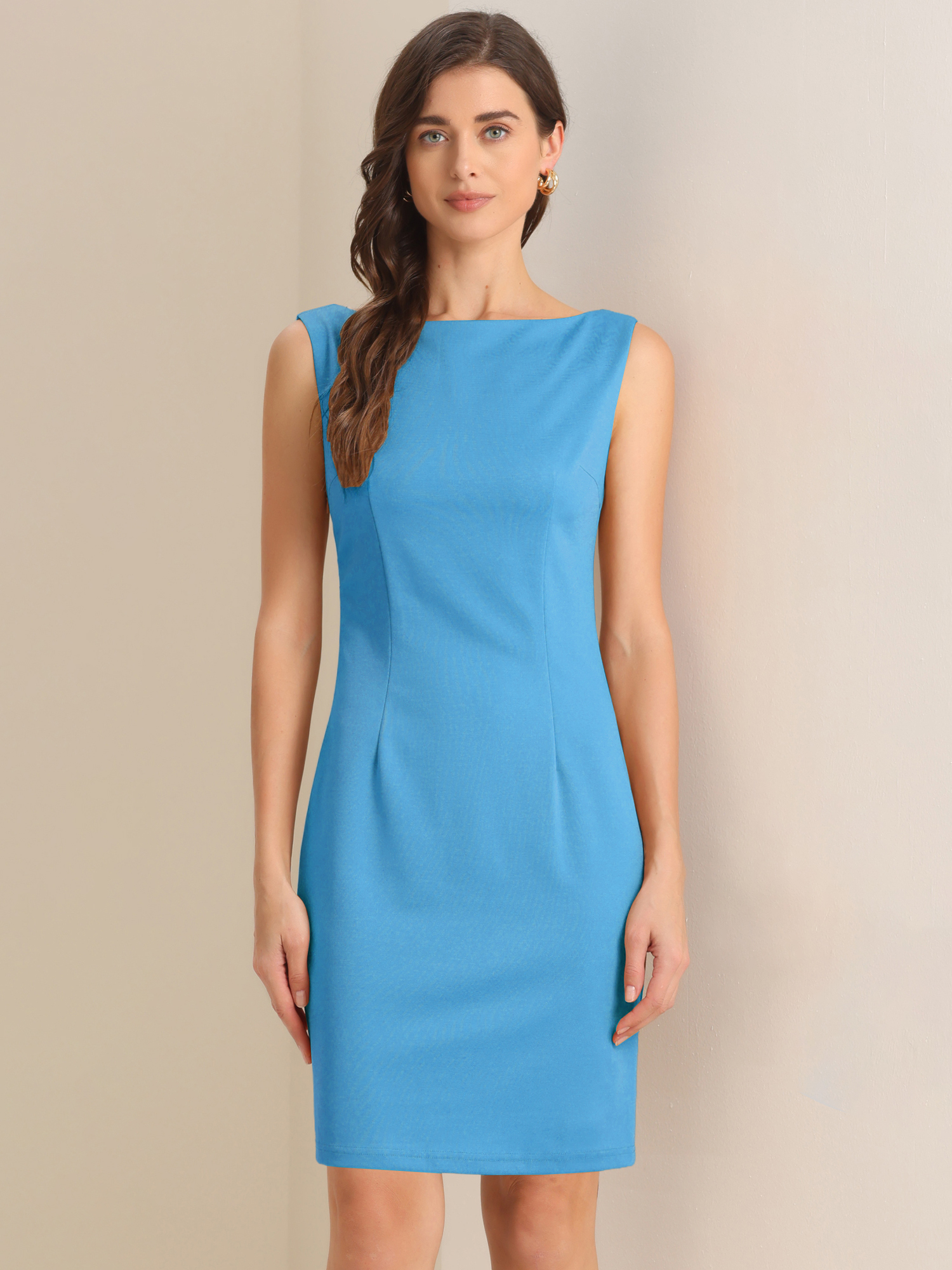 Sleeveless Boat Neck Casual Office Solid Midi Sheath Dress Sky Blue/M