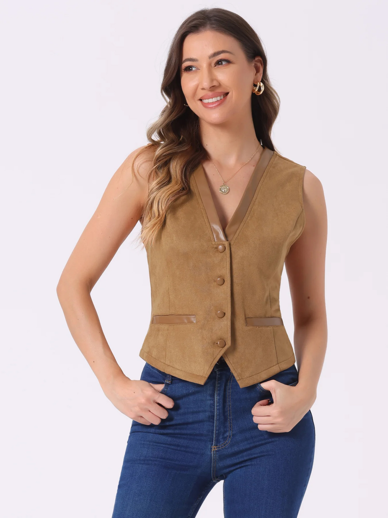 V Neck Faux Suede Button Down Vintage Sleeveless Casual Vest Light Brown/S