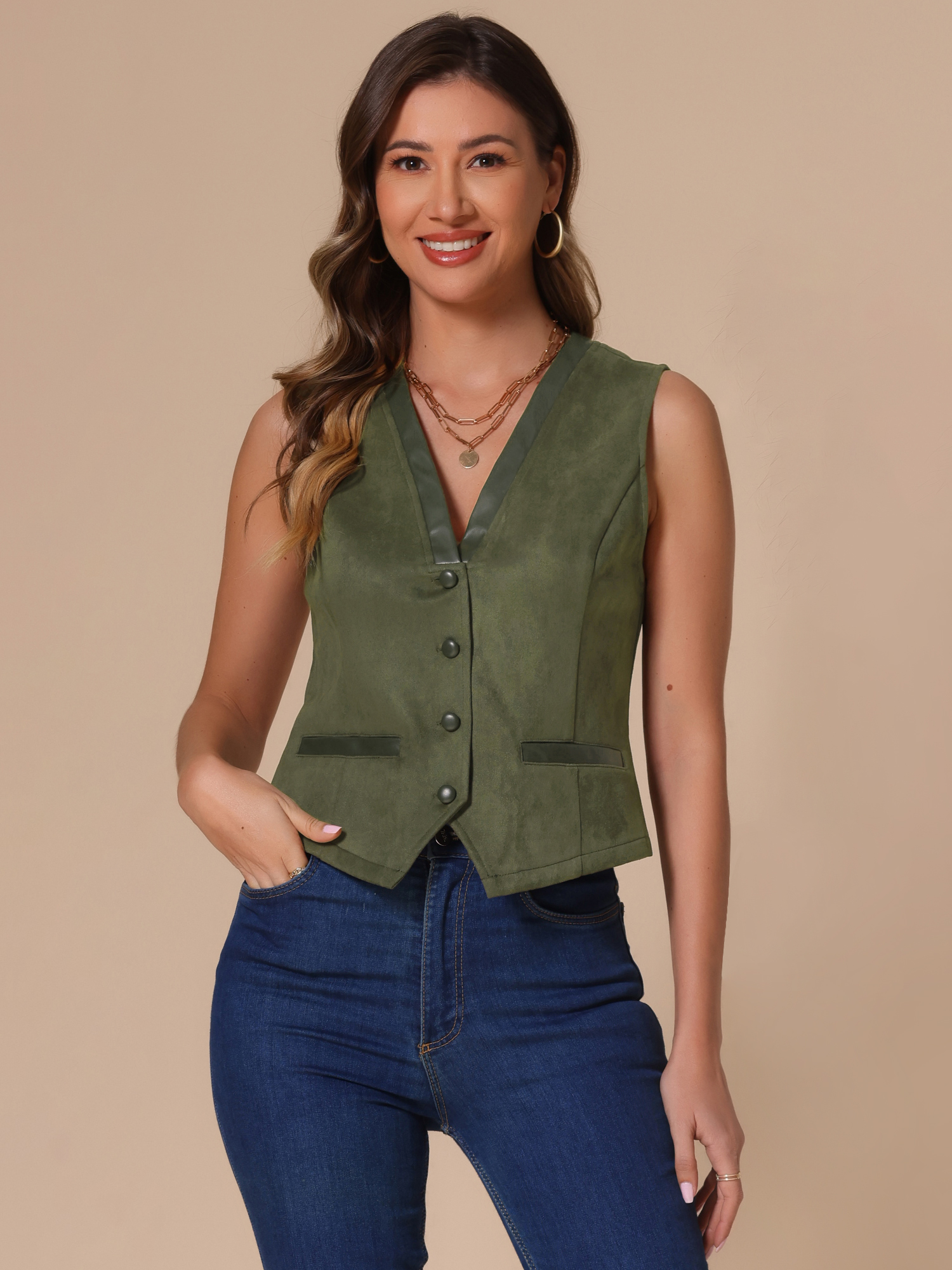 V Neck Faux Suede Button Down Vintage Sleeveless Casual Vest Army Green/XS