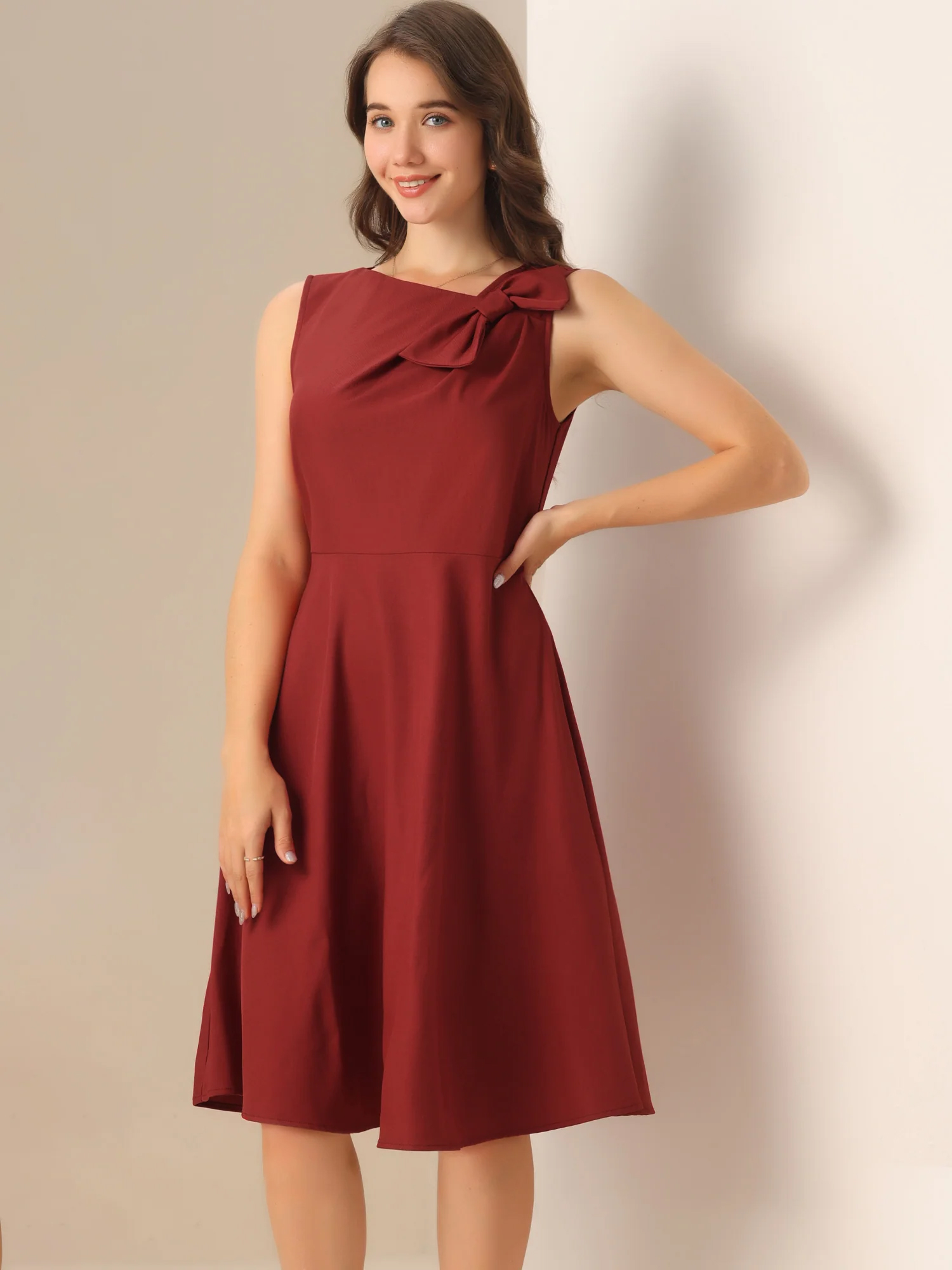 Flared Sleeveless Bowknot Midi A-Line Formal Dress Wine Red/XS
