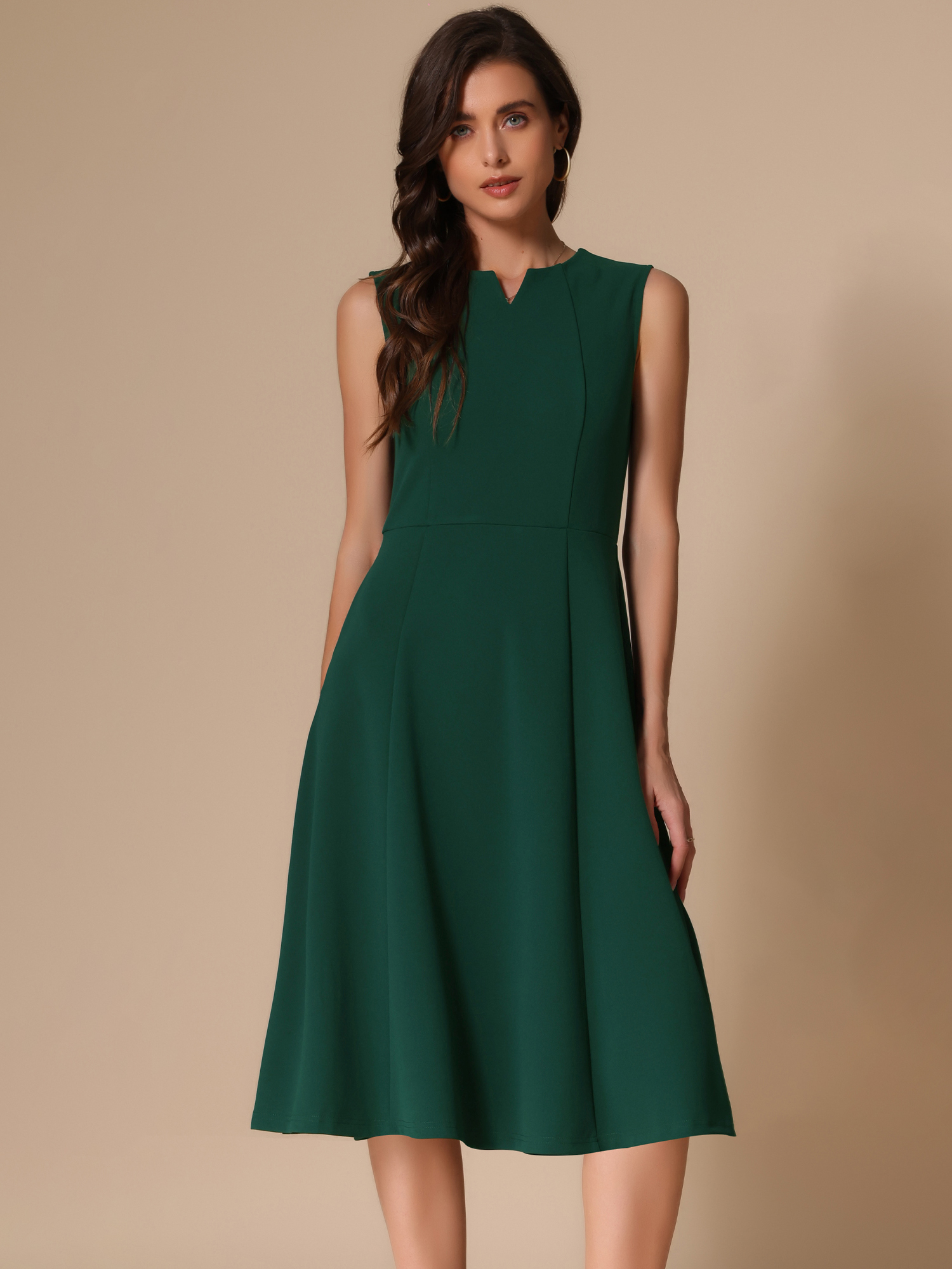 Notch Neck Pocketed Work Office A-Line Midi Dress Dark Green/XS