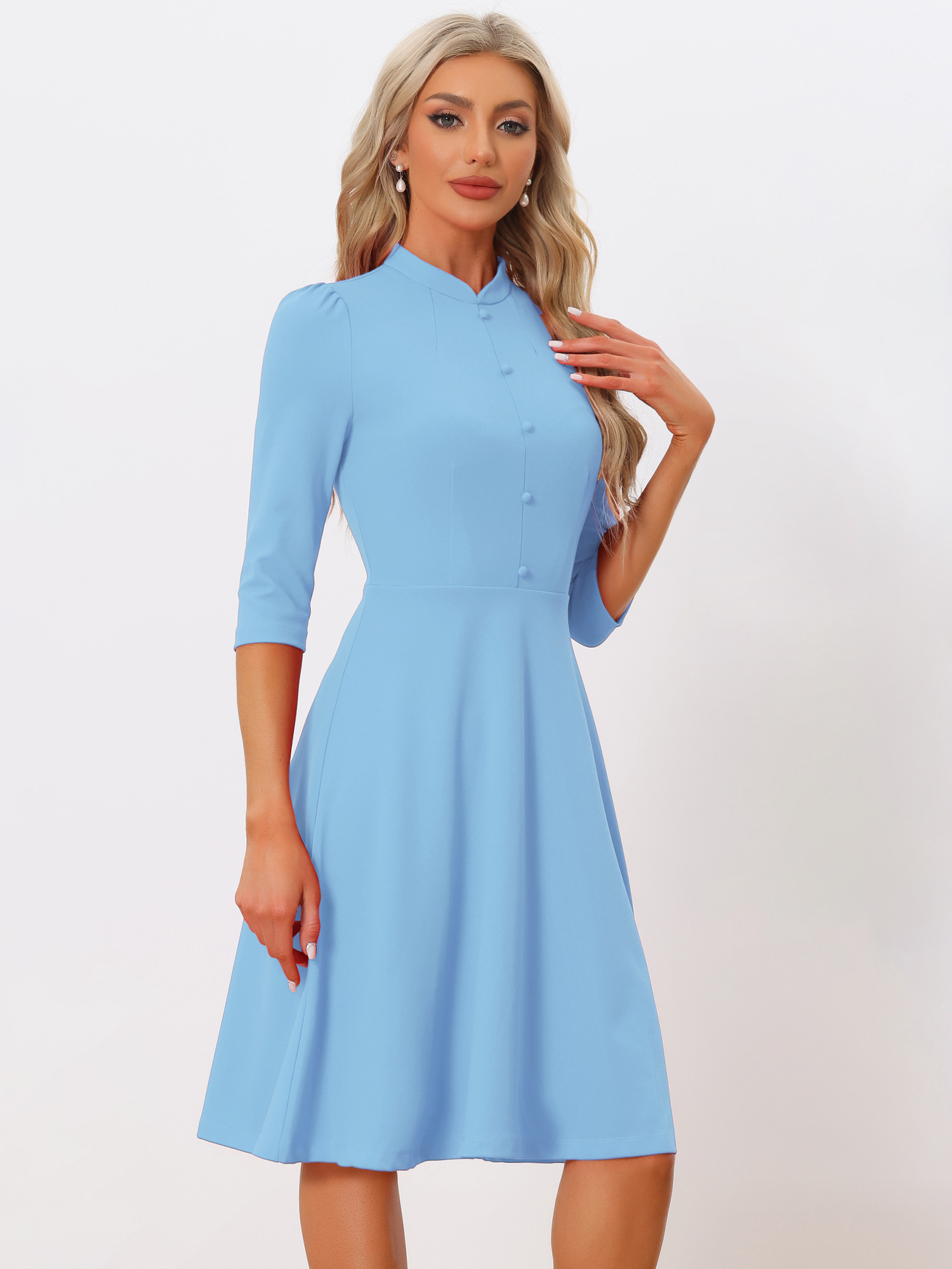 Retro 3/4 Sleeve Stand Collar Office Work Elegant A-Line Dress Sky Blue/M