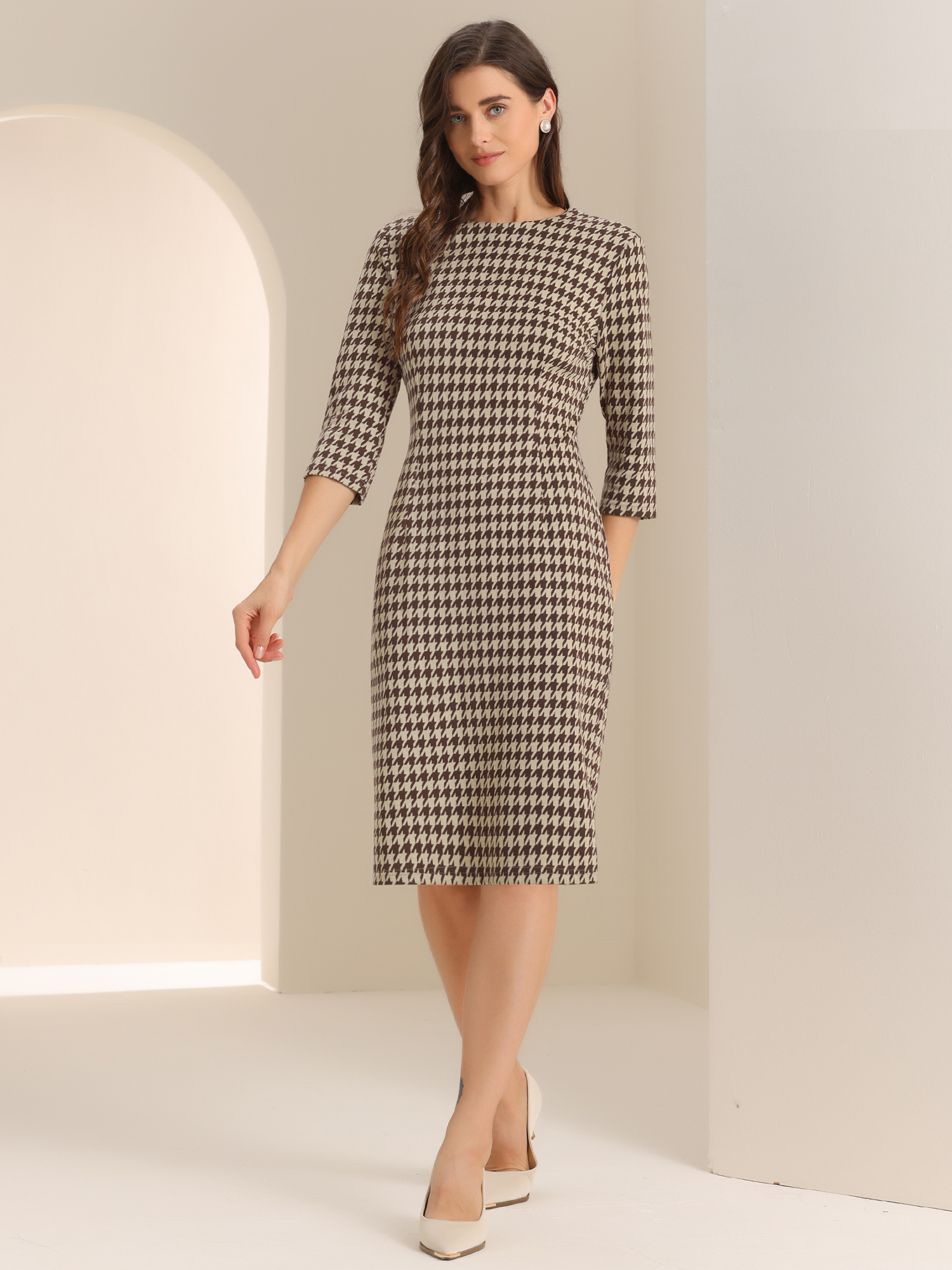 Houndstooth 3/4 Sleeve Elegant Cinched Waist Sheath Dress Brown/XL