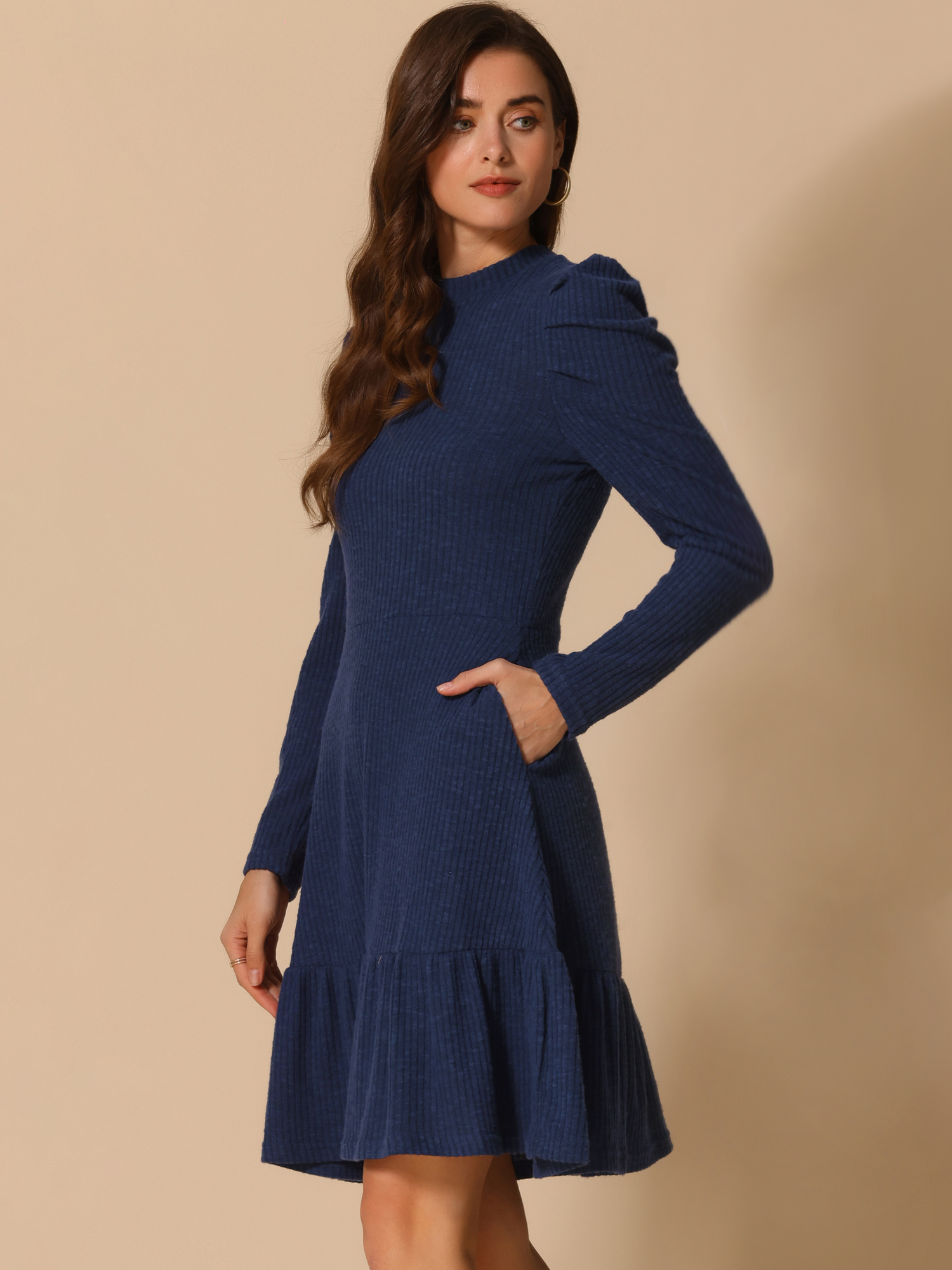 Stretchy Puff Long Sleeve Ruffle Hem Knit Midi Sweater Dress Dark Blue/XS