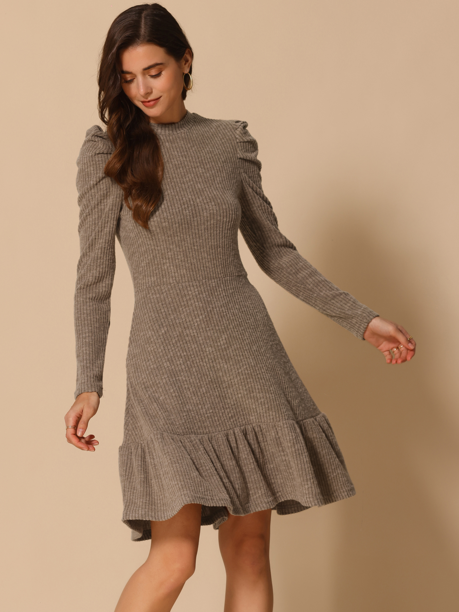 Stretchy Puff Long Sleeve Ruffle Hem Knit Midi Sweater Dress Camel/L