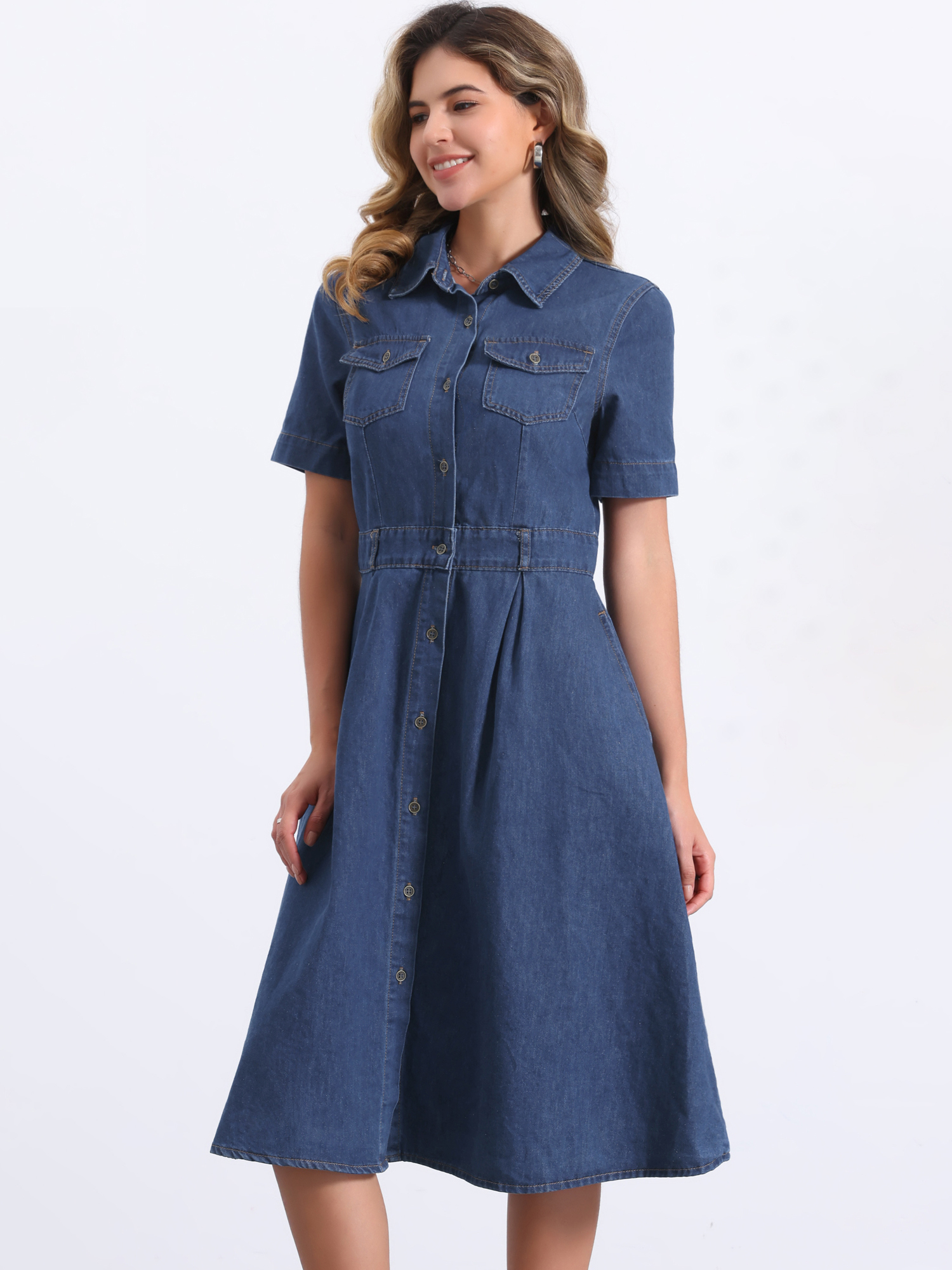 Denim Pockets Button Up Short Sleeve A-Line Midi Jean Shirt Dress Dark Blue/XL