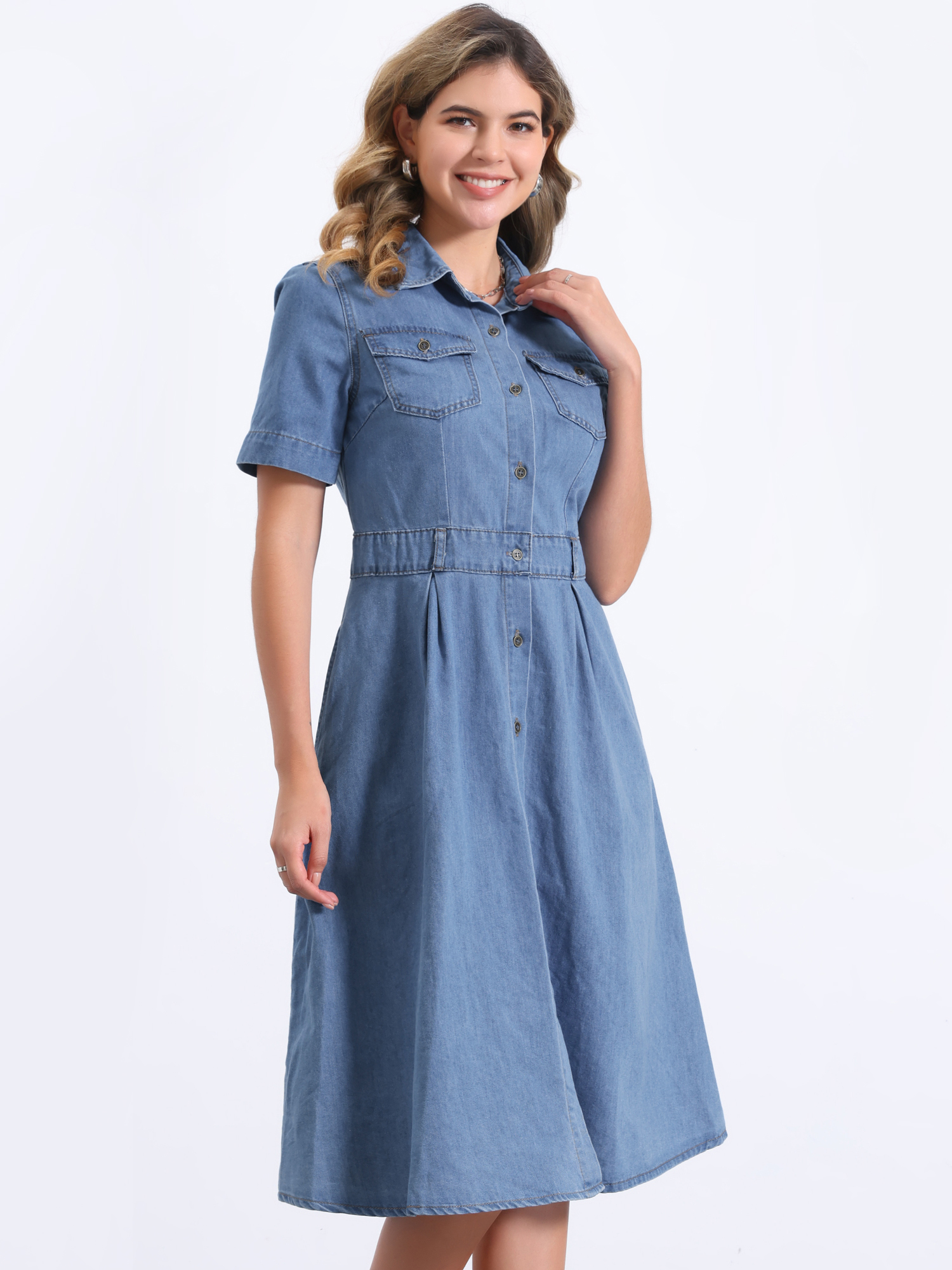 Denim Pockets Button Up Short Sleeve A-Line Midi Jean Shirt Dress Light Blue/L