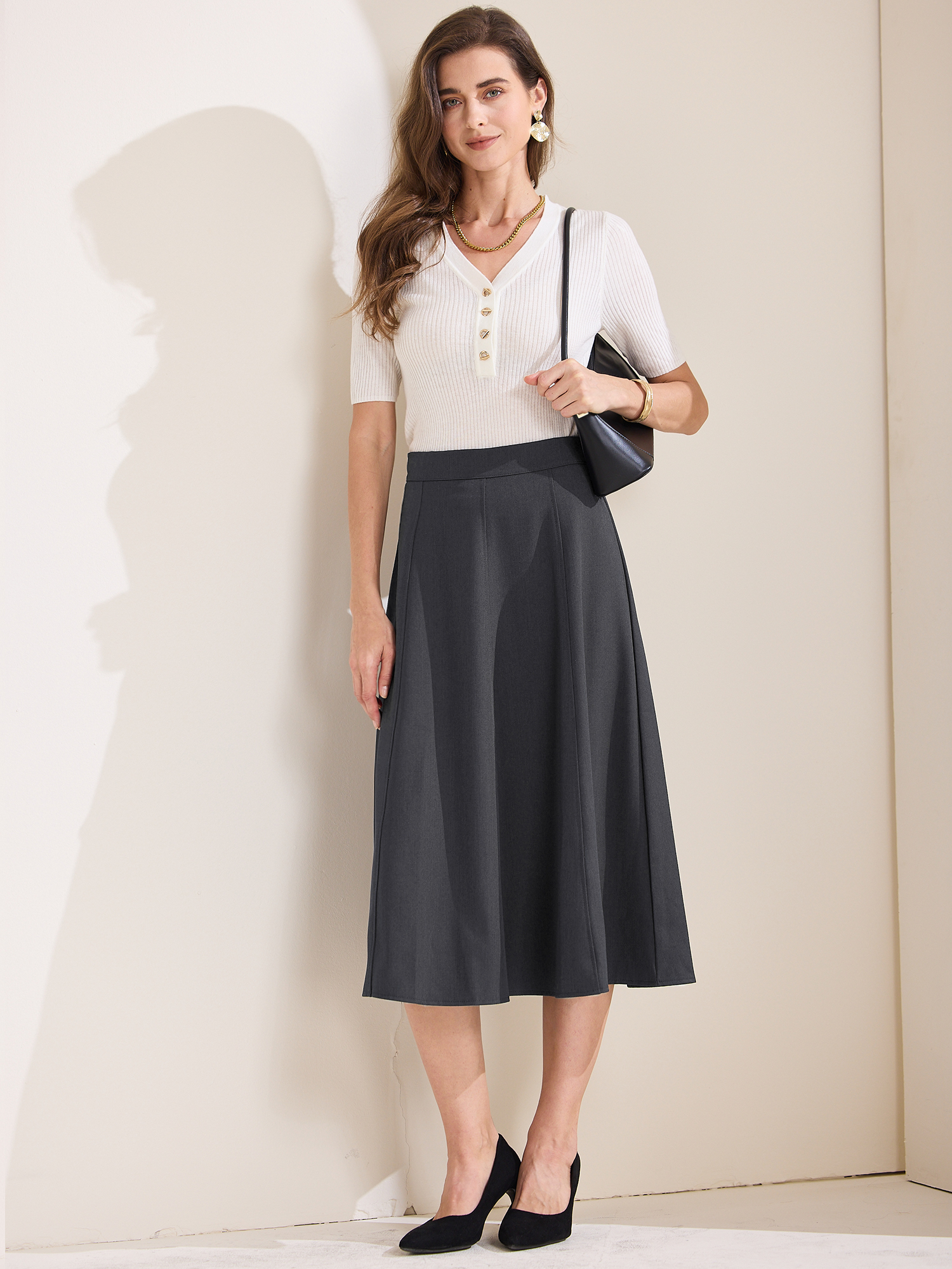 A-Line High Waist Office Work Midi Flared Skirt Grey/S