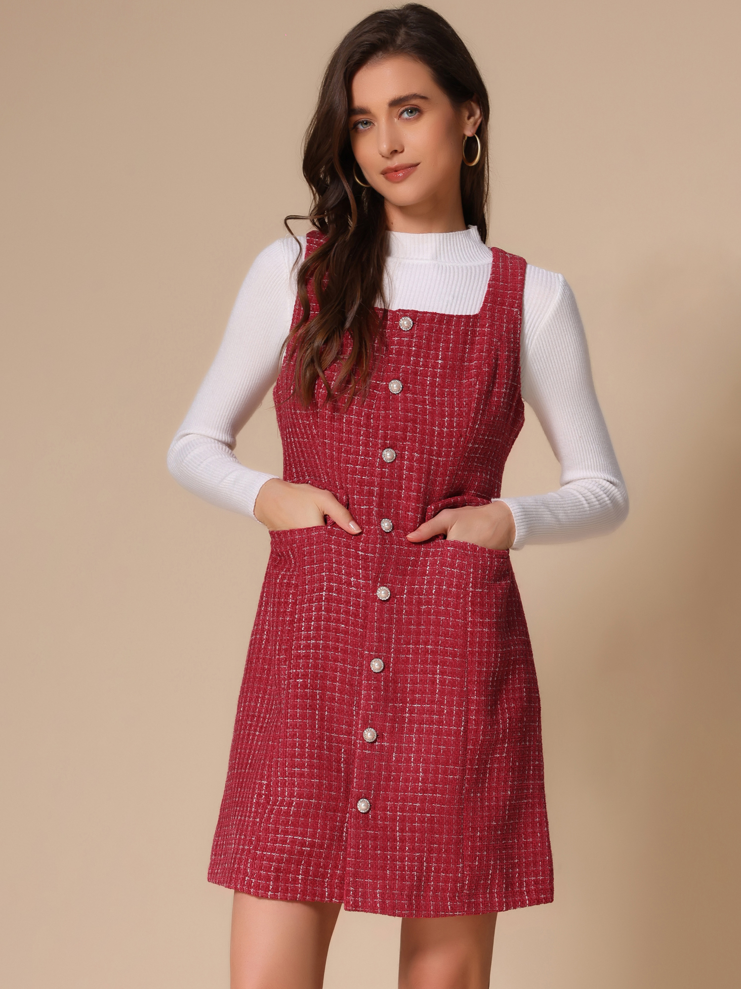 Tweed Sleeveless Button Up Pockets A-Line Pinafore Overall Dress Dark Red/S