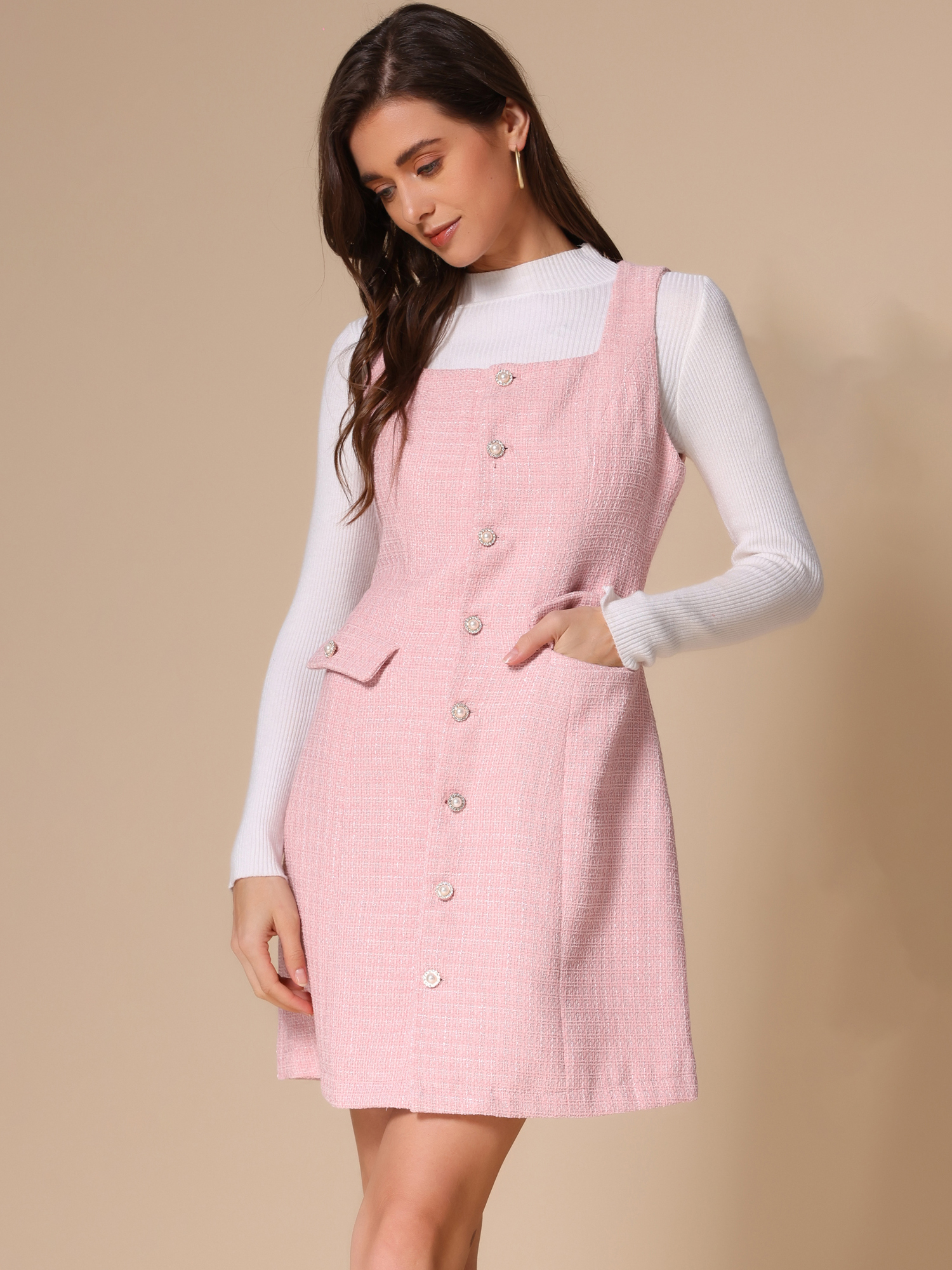 Tweed Sleeveless Button Up Pockets A-Line Pinafore Overall Dress Pink/S