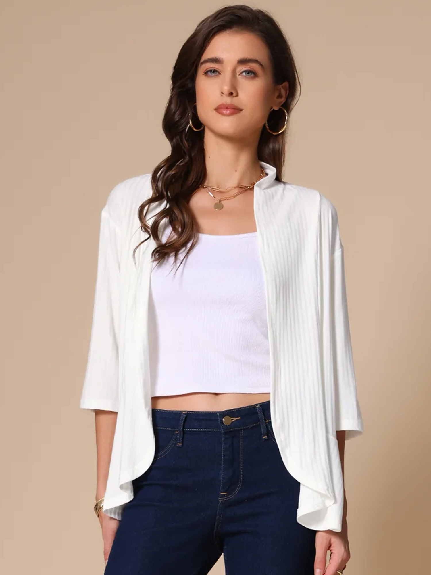 Casual Open Front Lightweight 3/4 Sleeve Irregular Hem Cardigants White/S