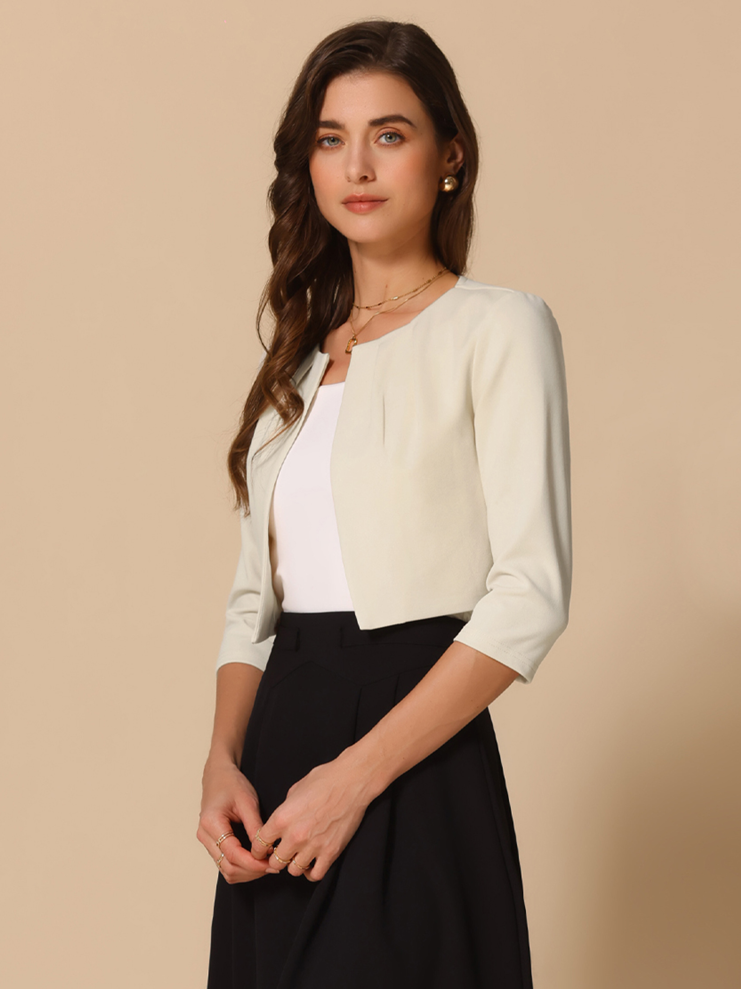 3/4 Sleeve Collarless Pleated Open Front Shrugs Apricot/XL