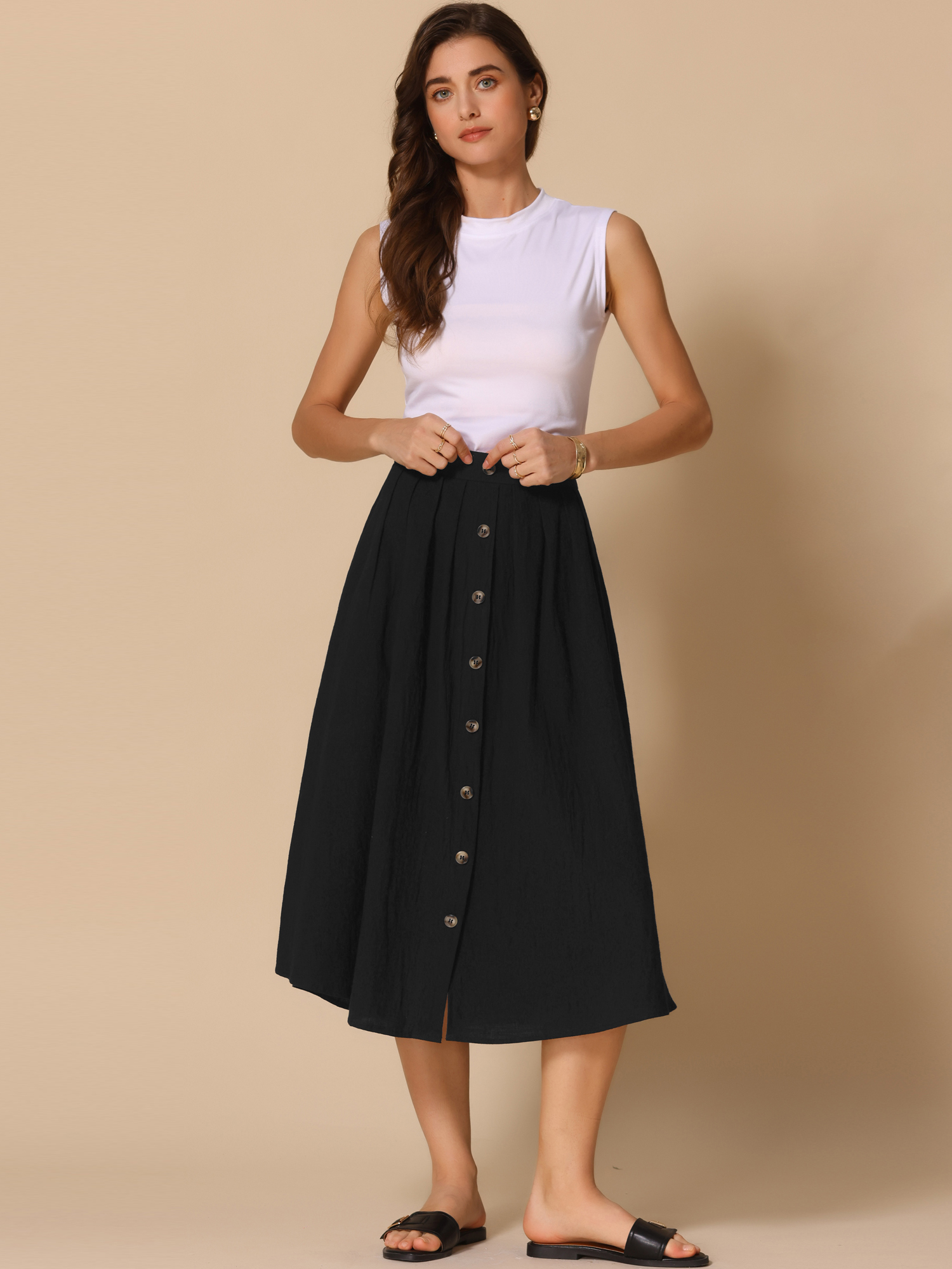A-Line Elastic Waist Button Front Pocketed Midi Skirt Black/S