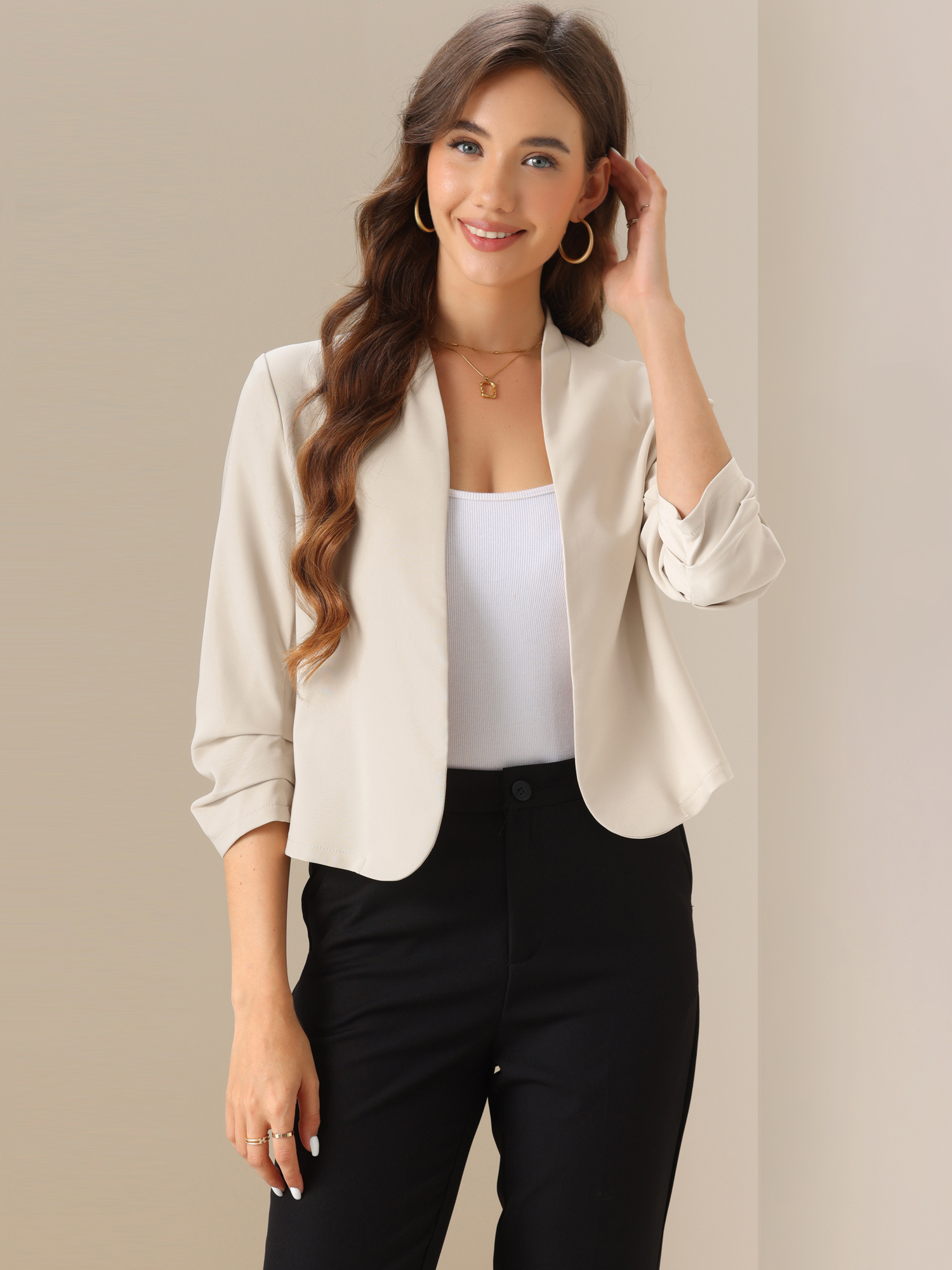 Ruched 3/4 Sleeve Open Front Casual Business Jacket Apricot/XL