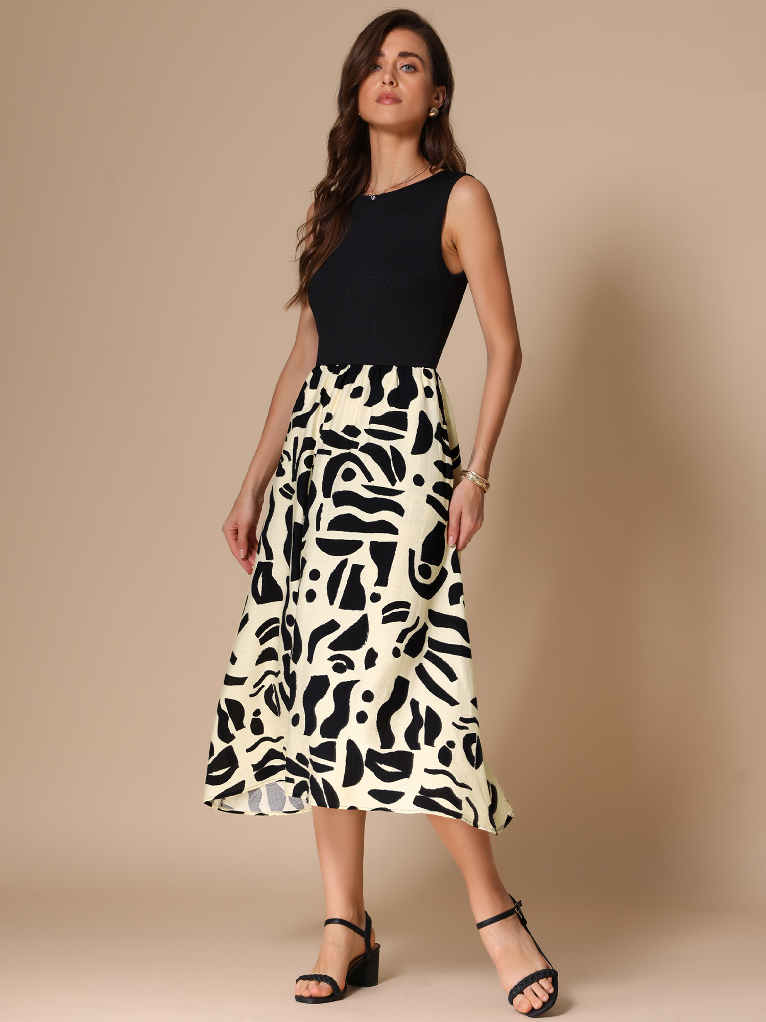 Sleeveless Patchwork Graphic Pocketed Midi Dress Black Beige/XL
