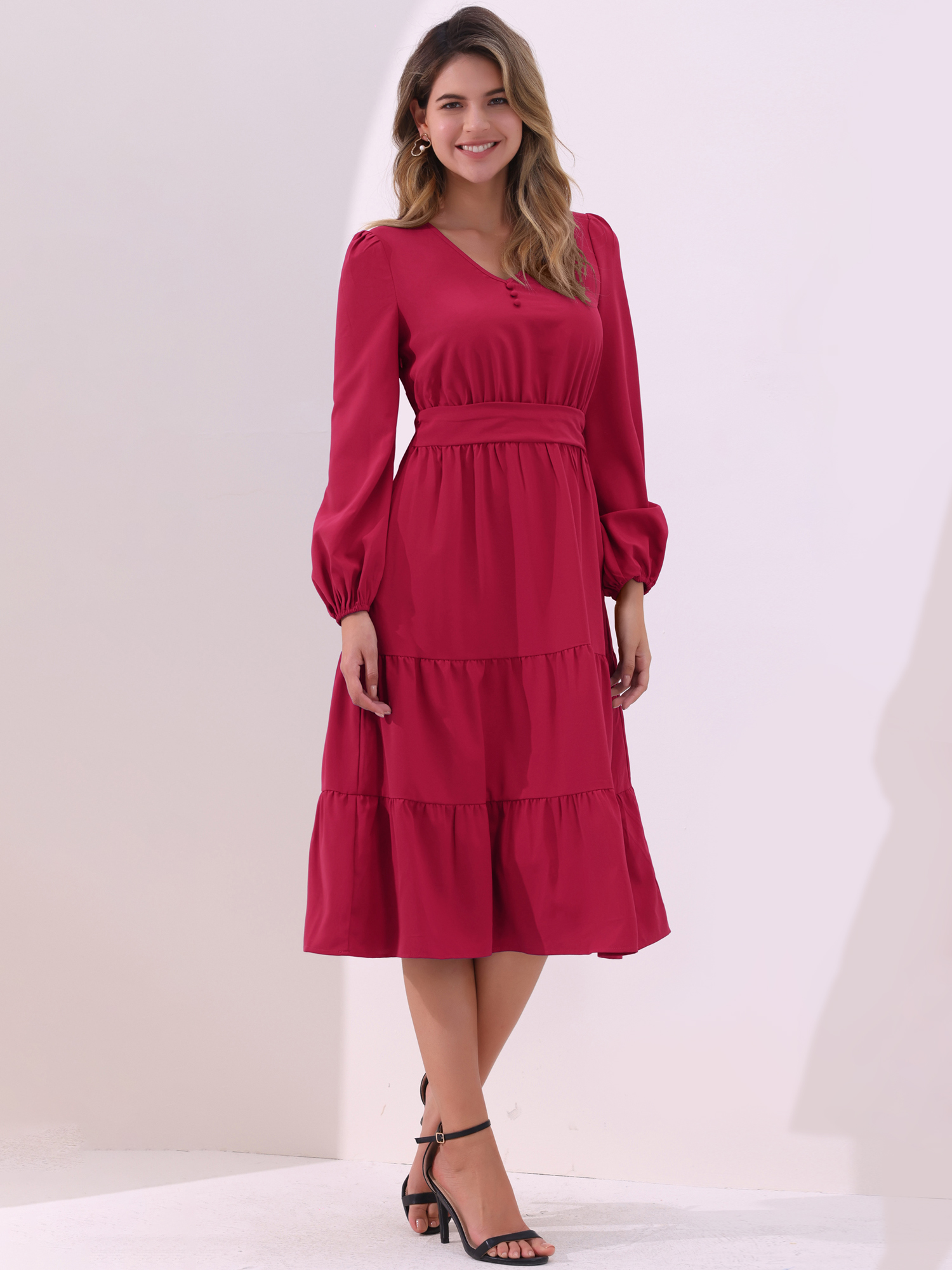 Lantern Sleeve Pocketed Ruffled Tiered A-Line Midi Dress Dark Red/XL