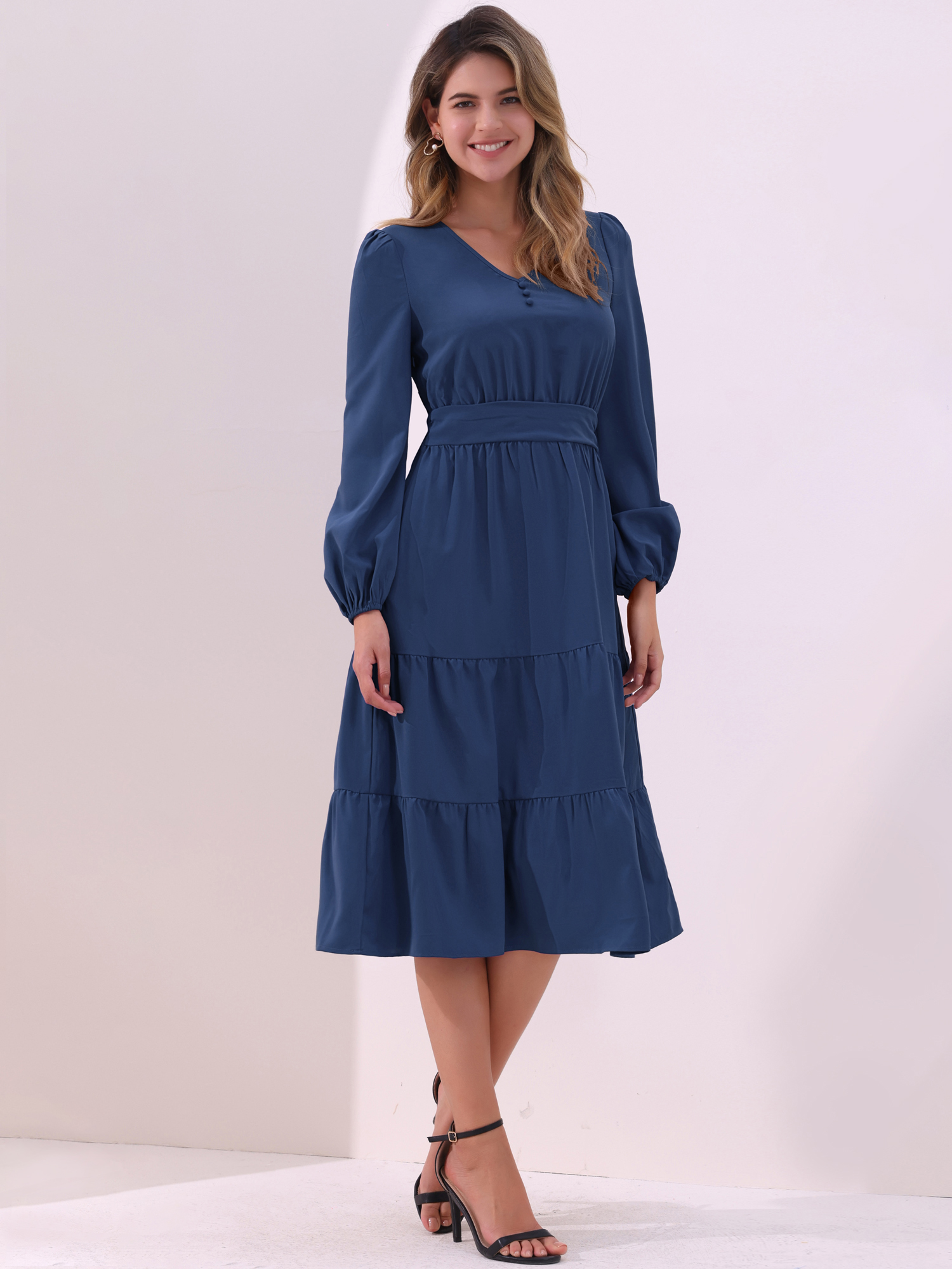Lantern Sleeve Pocketed Ruffled Tiered A-Line Midi Dress Dark Blue/L