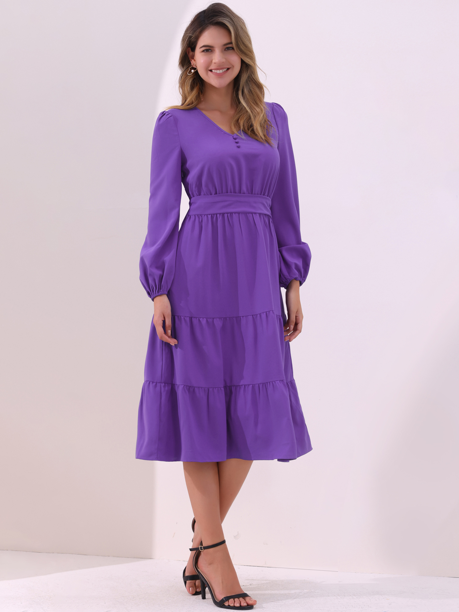 Lantern Sleeve Pocketed Ruffled Tiered A-Line Midi Dress Purple/S