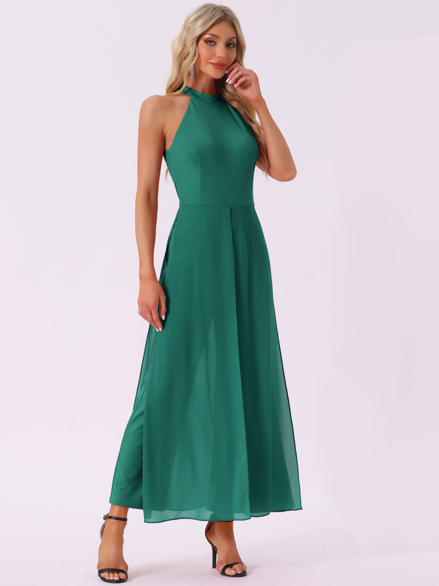 Sleeveless Halter Neck Belted Elegant Wedding Cocktail Dressy Jumpsuits Dark green/M