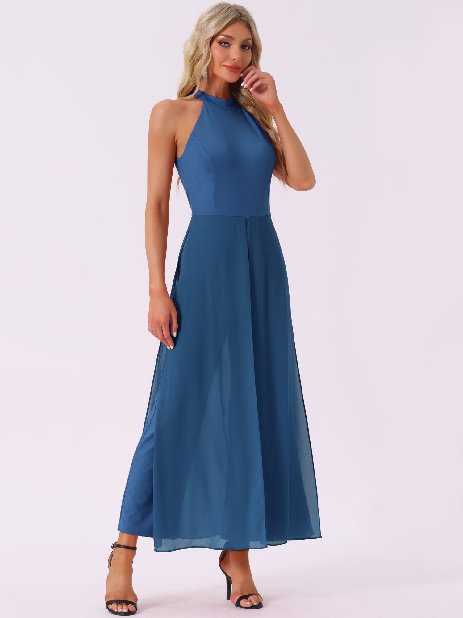 Sleeveless Halter Neck Belted Elegant Wedding Cocktail Dressy Jumpsuits Peacock Blue/L